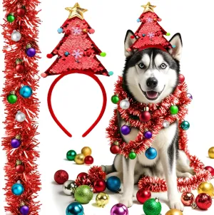 Dog Christmas Outfit - DIY Dog Christmas Costume for Small/Medium/Large Dogs, Christmas Dog Clothes with Headband, Ribbon, Ball Decorations, Cute Dog Costumes Clothes for Christmas Cosplay PartyRed