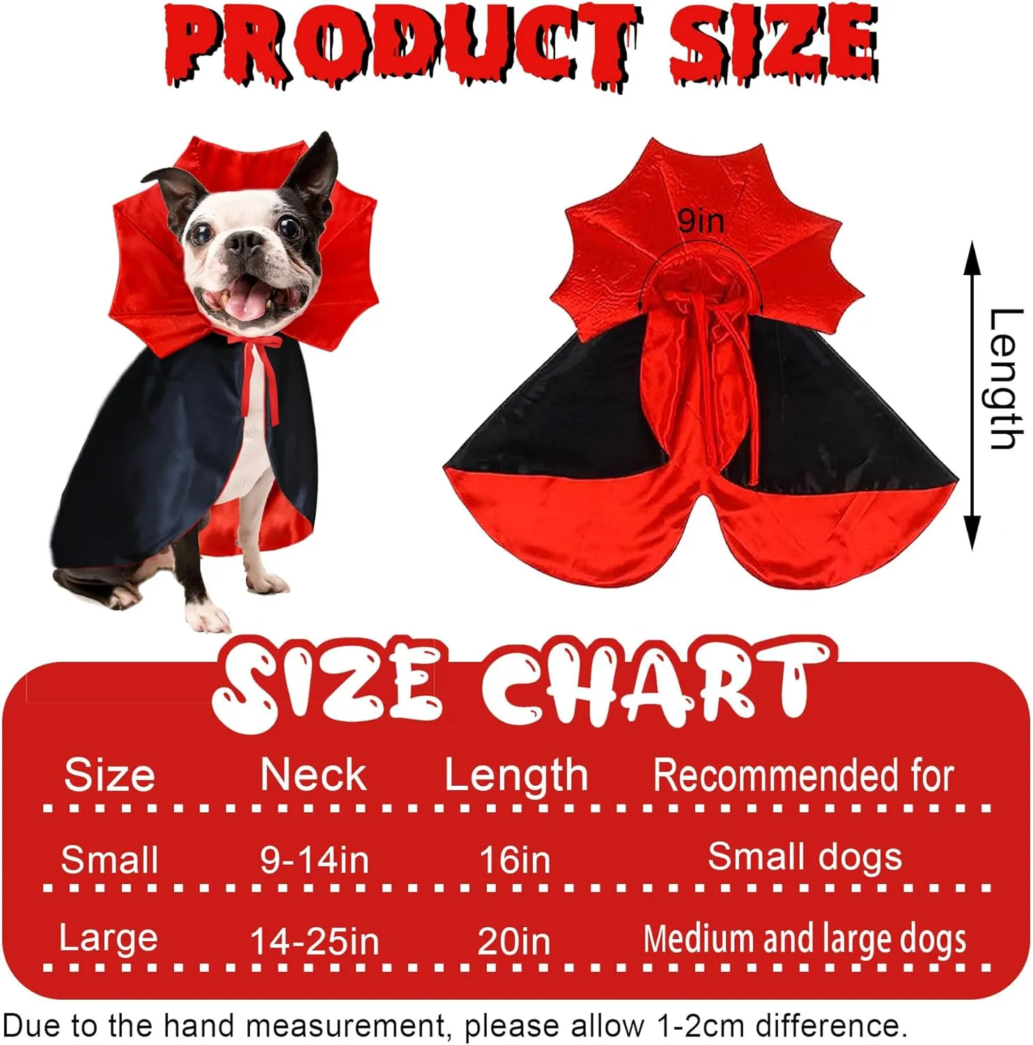 Dog Halloween Costumes, Dog Vampire Cloak Costume Devil Vampire Cloak Cape Halloween Costumes for Small Medium Large Dogs Pets (Small)