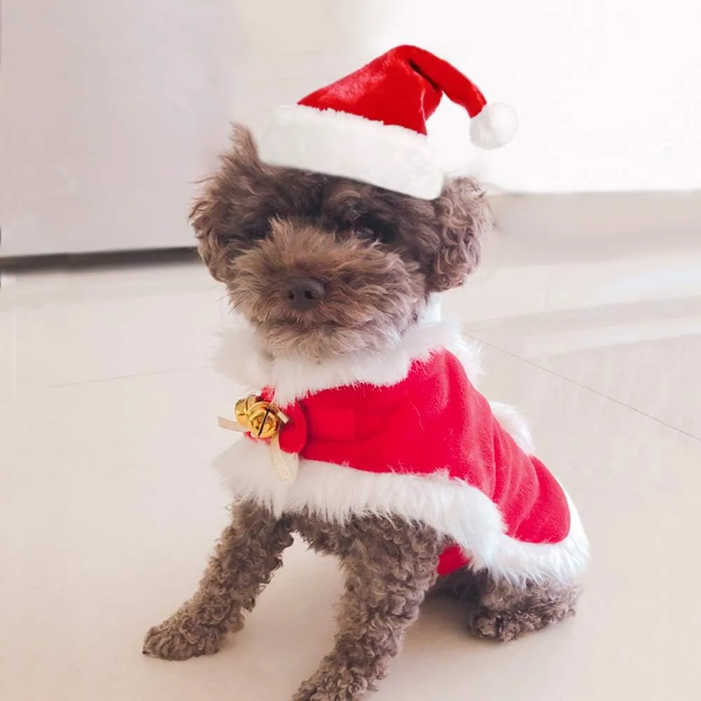 Enjoying Cat Christmas Outfit Santa Hat with Clothes for Cats Small Dogs Kitten Christmas Costume Warm Xmas Cloak Coat Santa Claus Hat Red New Year Party Cosplay
