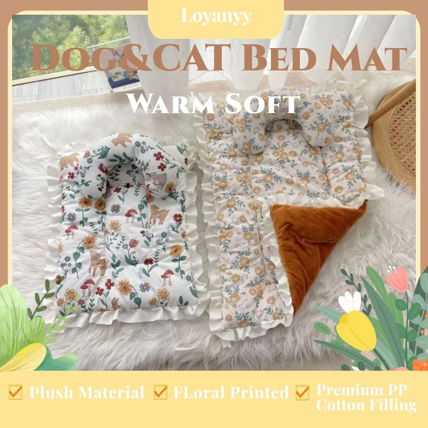 Floral Dog Dog Bed Mat Plush Kennel Pad Winter Warm Cat Sleeping Mat Anti-Slip Puppy Bed Thicken Dog Bed for Small Medium Soft Comfy Green Large