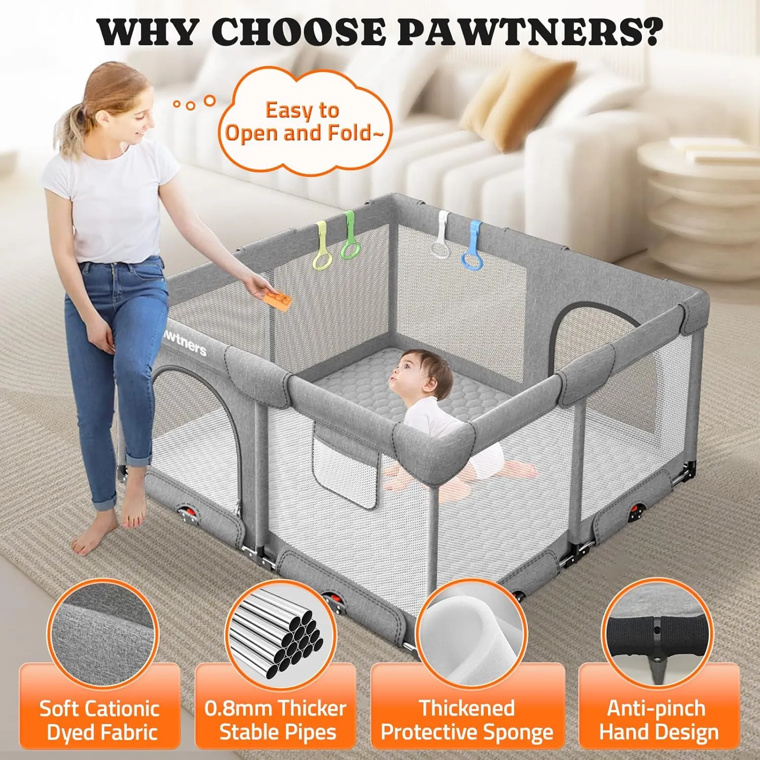 Foldable Playpen for Babies and Toddlers: 50" L x 50" W x 27" H, Large Kids Play Yard, Portable for Indoor and Outdoor Play Area, Baby Gate With 50PCS Ocean Ball, 4 Handles