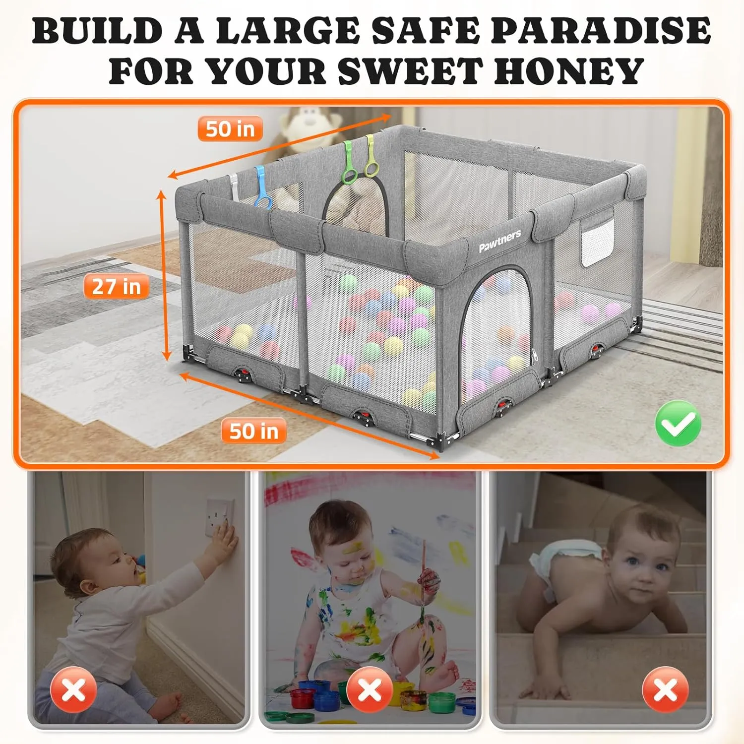 Foldable Playpen for Babies and Toddlers: 50" L x 50" W x 27" H, Large Kids Play Yard, Portable for Indoor and Outdoor Play Area, Baby Gate With 50PCS Ocean Ball, 4 Handles