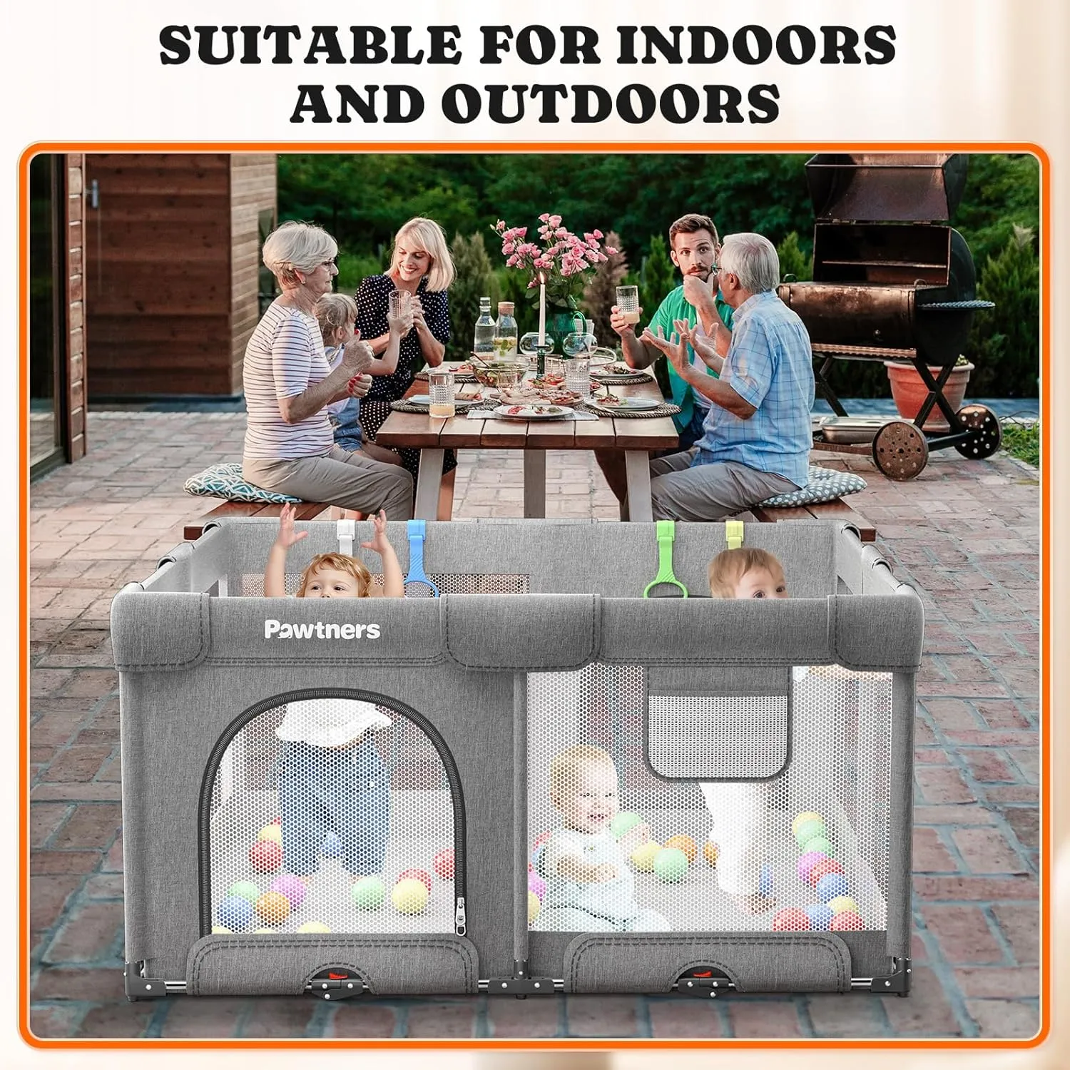 Foldable Playpen for Babies and Toddlers: 50" L x 50" W x 27" H, Large Kids Play Yard, Portable for Indoor and Outdoor Play Area, Baby Gate With 50PCS Ocean Ball, 4 Handles