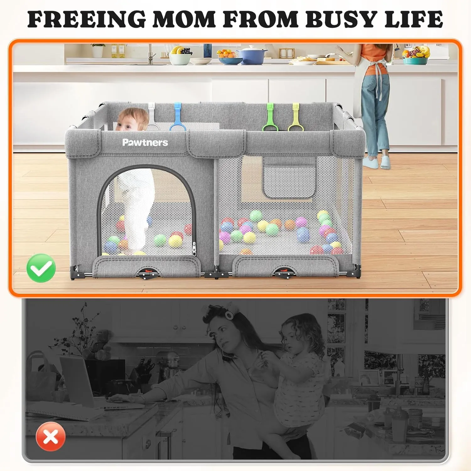Foldable Playpen for Babies and Toddlers: 50" L x 50" W x 27" H, Large Kids Play Yard, Portable for Indoor and Outdoor Play Area, Baby Gate With 50PCS Ocean Ball, 4 Handles