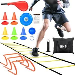 GHB Agility Ladder,Football Agility Training Equipment Set,3 Agility Hurdles,20 feet 12 Rungs Speed Ladder 5 Discs 5 Cones Target pad Bounce Balls ect for Football Basketball Workout Training