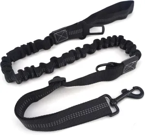 Heavy Duty Dog Leash with Shock Absorption, Suit No Pull Training Leash for Medium Large Dogs, 4 Ft Dog Walking Training Shock Absorbing Bungee Leash Car Seat Belt Buckle (Black)