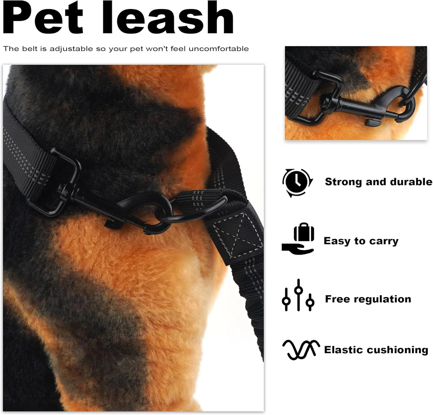 Heavy Duty Dog Leash with Shock Absorption, Suit No Pull Training Leash for Medium Large Dogs, 4 Ft Dog Walking Training Shock Absorbing Bungee Leash Car Seat Belt Buckle (Black)