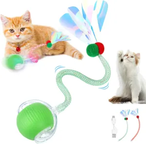Interactive Cat Toy Balls 2025 Upgraded Cat Toys for Indoor, Automatic Ball Toys with Elastic Mesh Tail, Rolling Interactive Ball Toy for Dog, Green