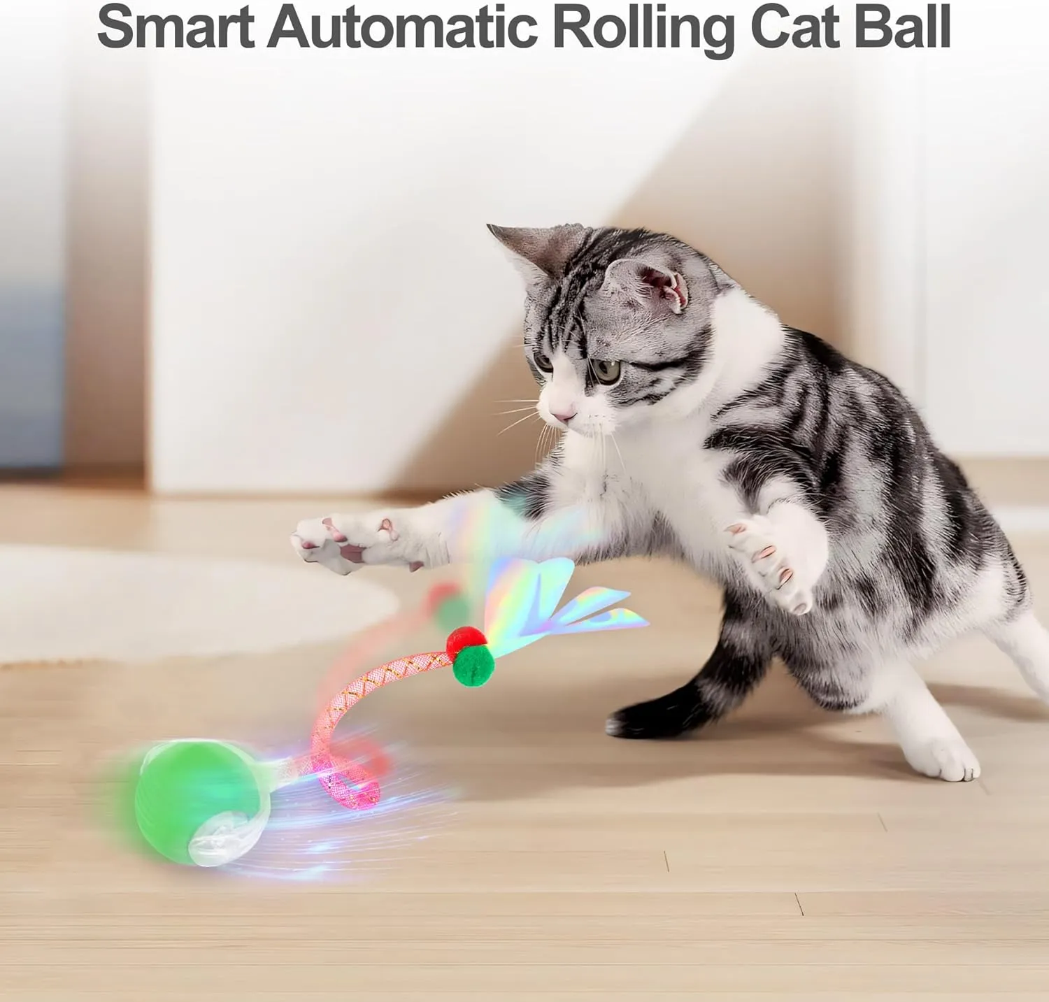 Interactive Cat Toy Balls 2025 Upgraded Cat Toys for Indoor, Automatic Ball Toys with Elastic Mesh Tail, Rolling Interactive Ball Toy for Dog, Green