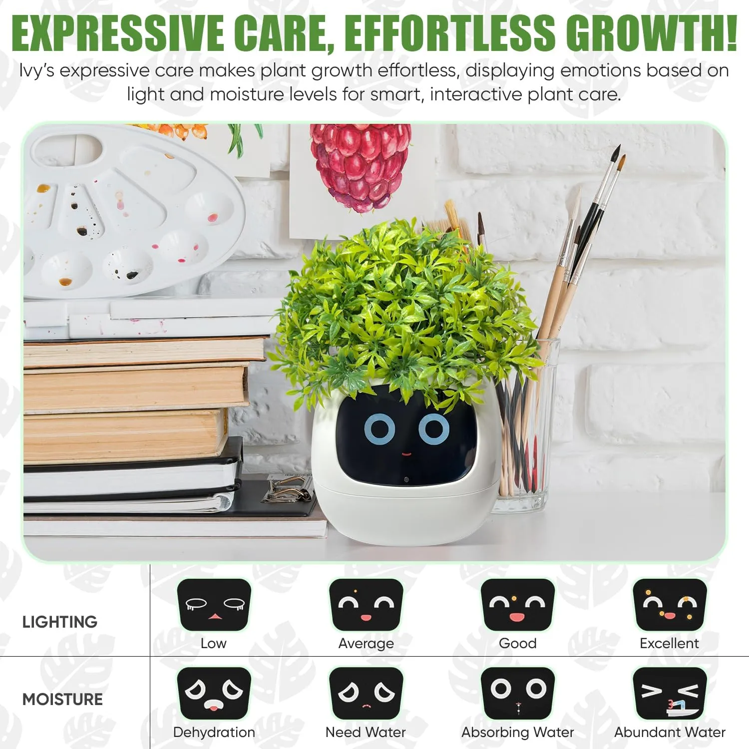 Interactive Plant Pot  Smart Planter, AI Pet Plantagotchi, tamagotchi, Leafypod and Plantiboy, Robot Flower with Feelings, Electric Maceta, Indoor Flowerpot with Water, Digital Gifts (White)