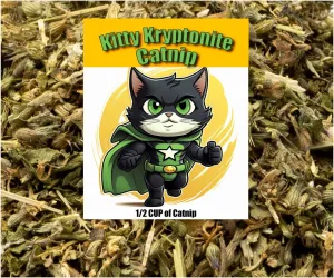 Kitty Kryptonite Catnip Blend - North American Crafted, 100% Natural, and Non-Addictive Catnip Treats for Enhanced Playfulness. Perfect for Cat Accessories (1/2 Cup)