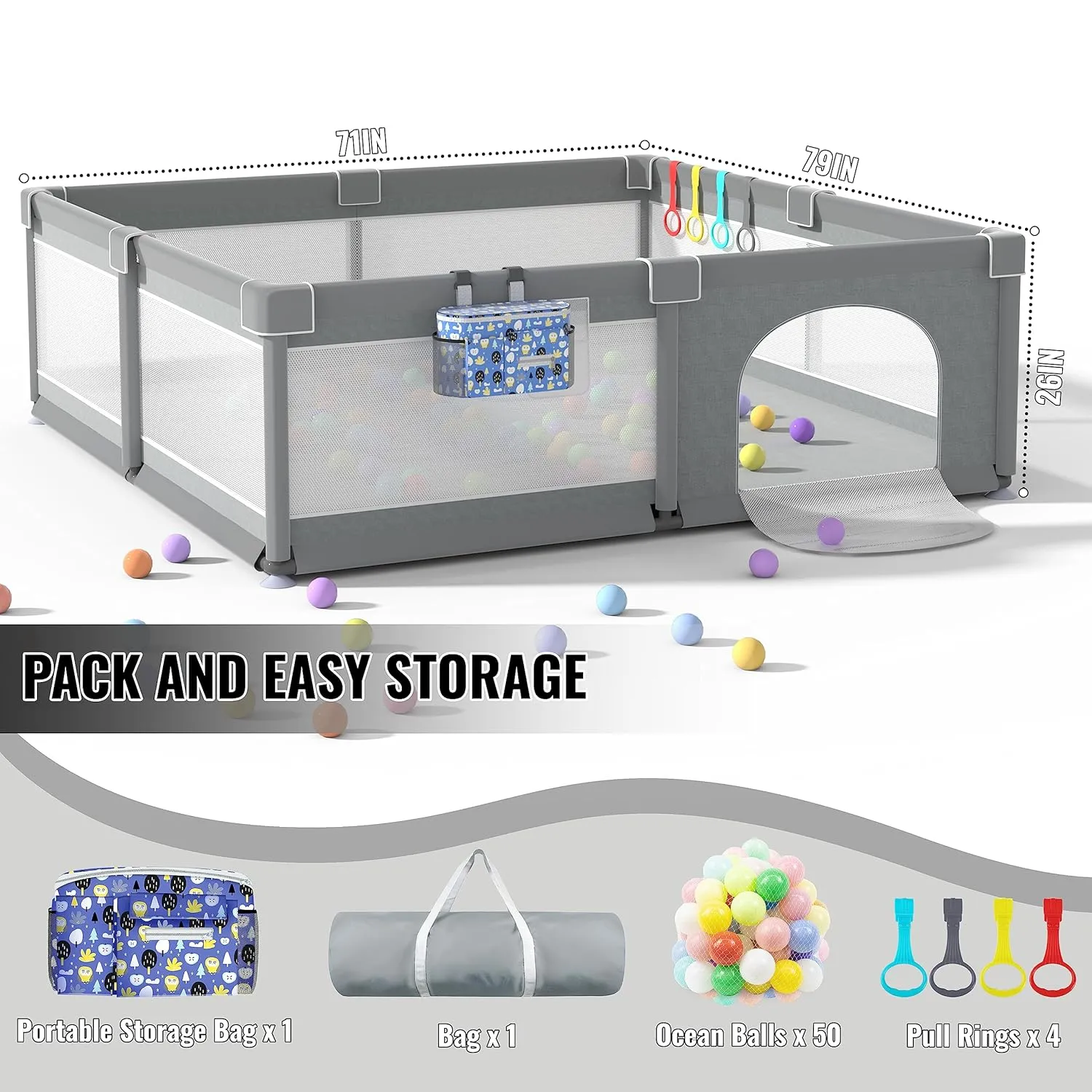 LUTIKIANG Extra Large Playpen for Toddlers, 79" X 71" with Gates, Baby Play Yards, Safety Indoor Play Area, Ocean Balls (Grey)