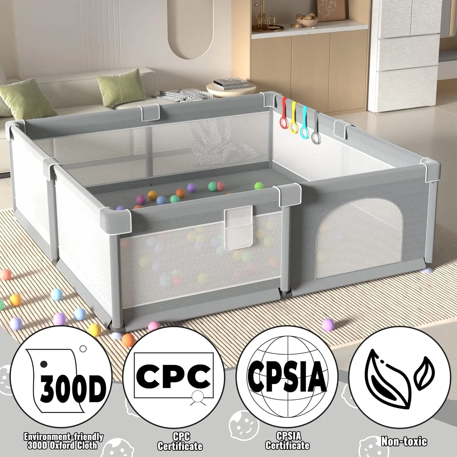 LUTIKIANG Extra Large Playpen for Toddlers, 79" X 71" with Gates, Baby Play Yards, Safety Indoor Play Area, Ocean Balls (Grey)