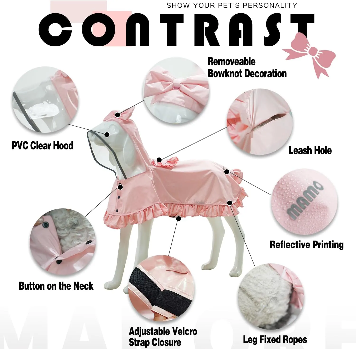 MAMORE Dog Raincoats, Waterproof Dog Rain Jacket with Clear Hood, Adjustable Reflective Lightweight Breathable Pet Rain Poncho for Small Medium Large Dogs (Pink, Small)