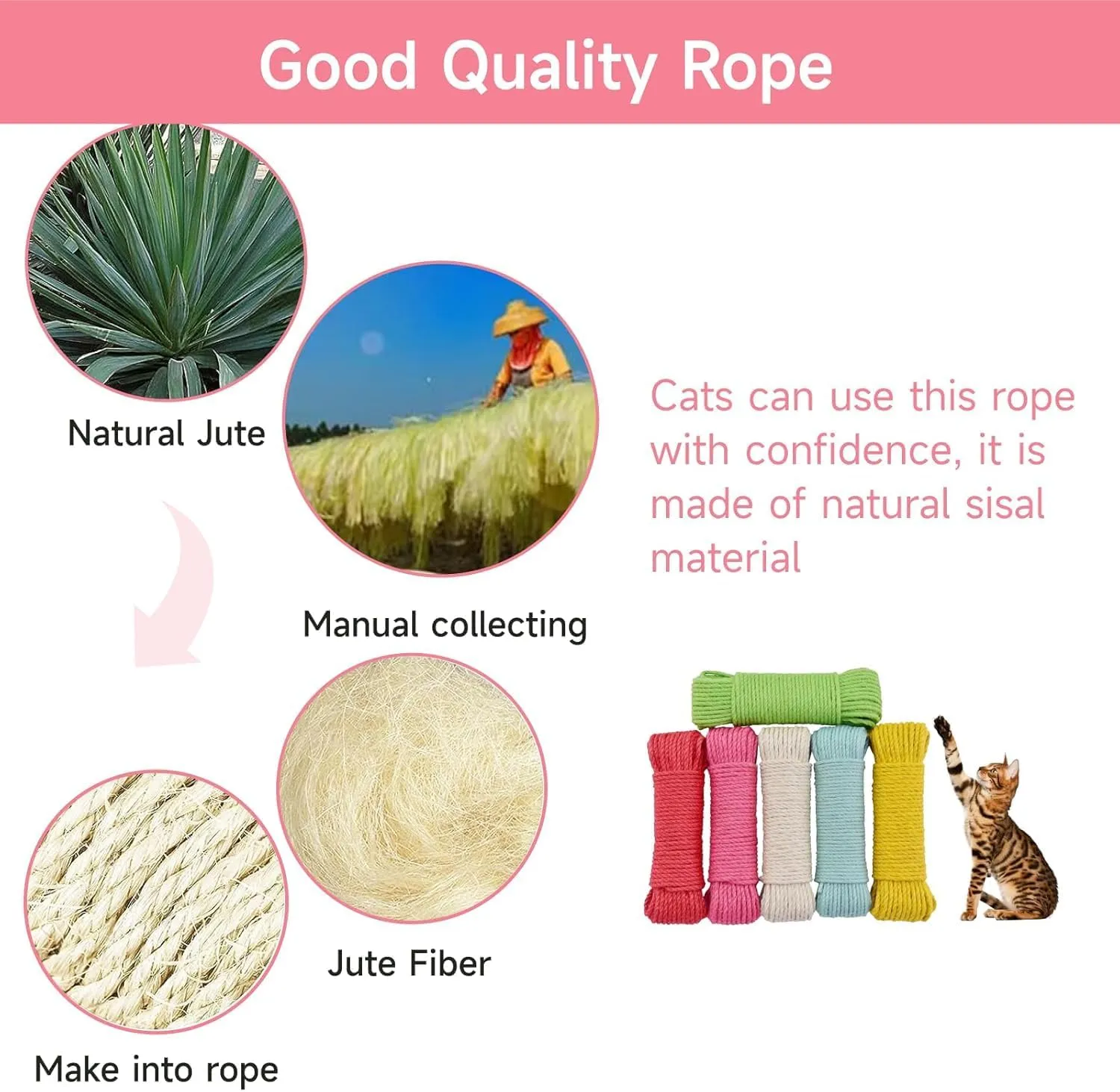 Multicolor Cat Scratch Post Replacement Rope, Repair and Replace Scratching Post, 1/4" Cat Scratch Post DIY Jute Twine,for Scratching Post Tree Replacement. (Pink, 1/4IN by 50FT)