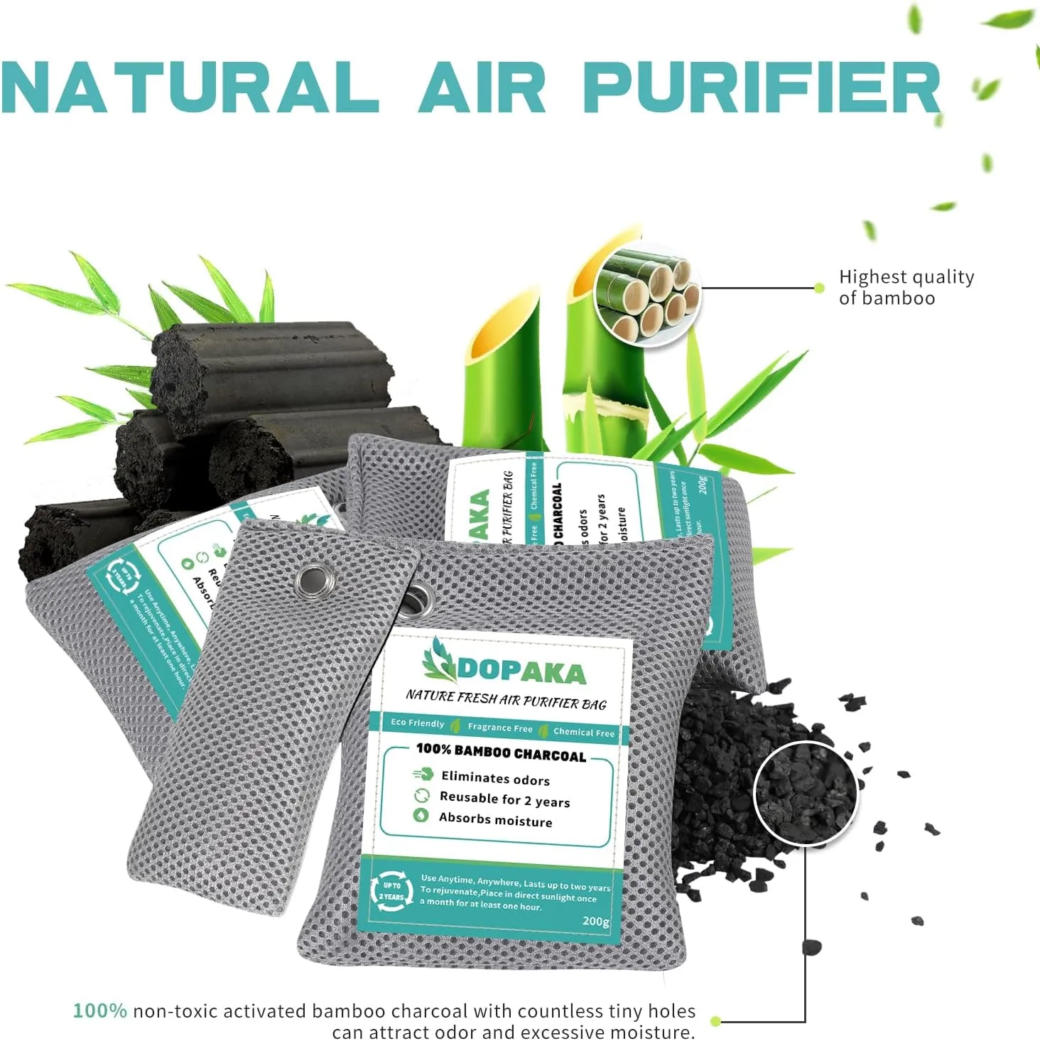 Nature Fresh Air Purifier Bags, Activated Charcoal Air Purifying Bag,Moisture Absorber,odor eliminator,Natural Car Air Freshener,Shoe Deodorizer,Odor Eliminators For Home, Pet, Closet (200g*4)