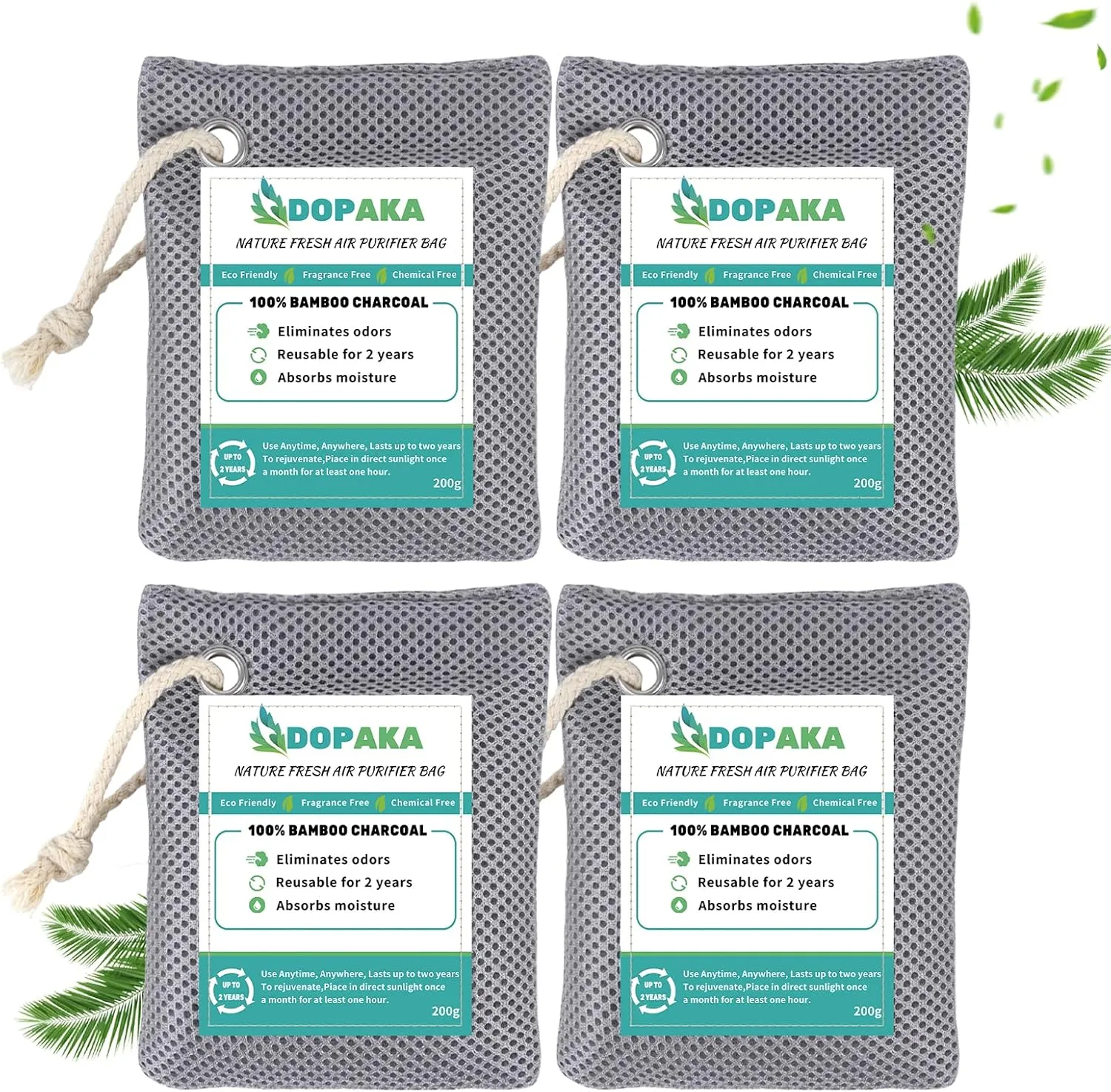 Nature Fresh Air Purifier Bags, Activated Charcoal Air Purifying Bag,Moisture Absorber,odor eliminator,Natural Car Air Freshener,Shoe Deodorizer,Odor Eliminators For Home, Pet, Closet (200g*4)