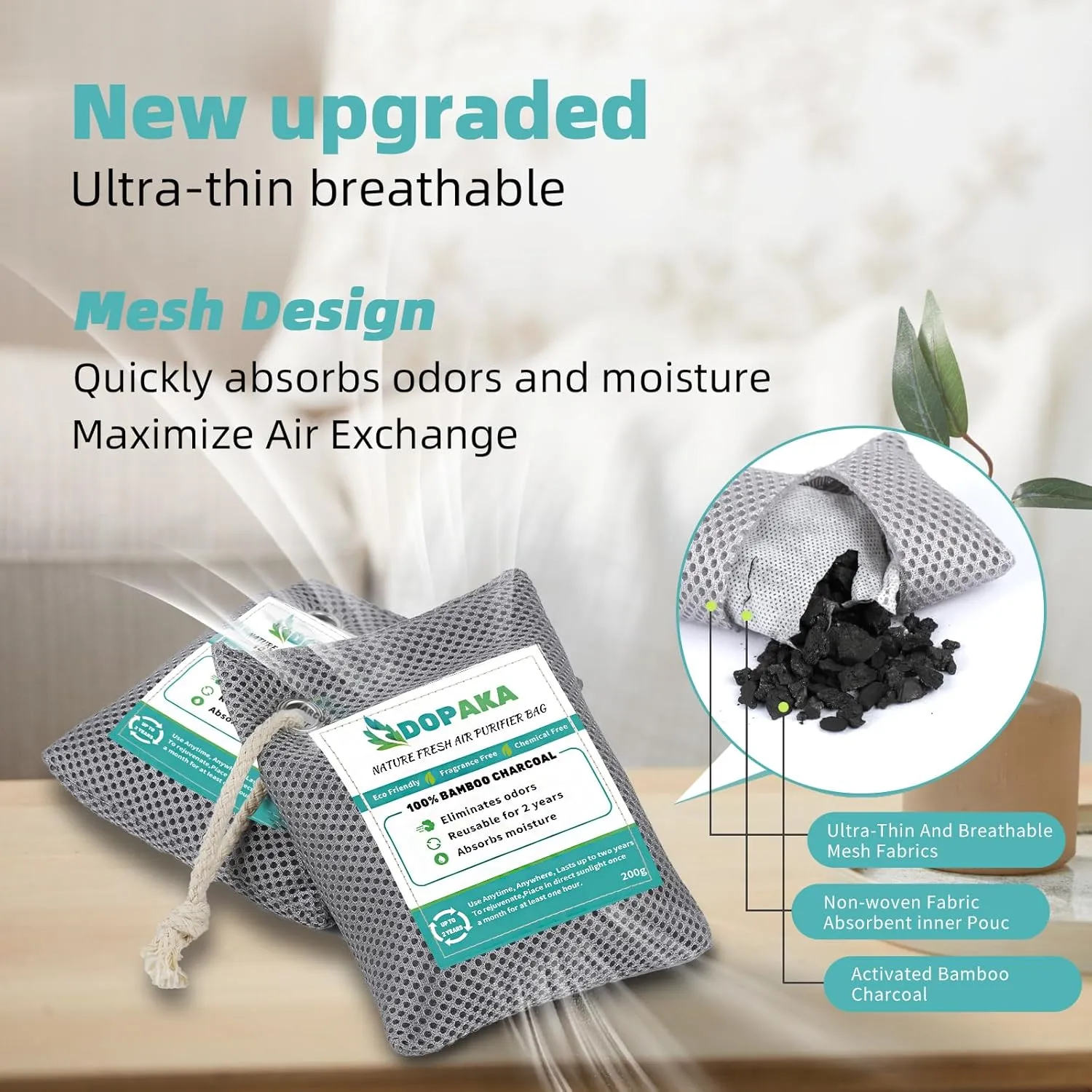 Nature Fresh Air Purifier Bags, Activated Charcoal Air Purifying Bag,Moisture Absorber,odor eliminator,Natural Car Air Freshener,Shoe Deodorizer,Odor Eliminators For Home, Pet, Closet (200g*4)