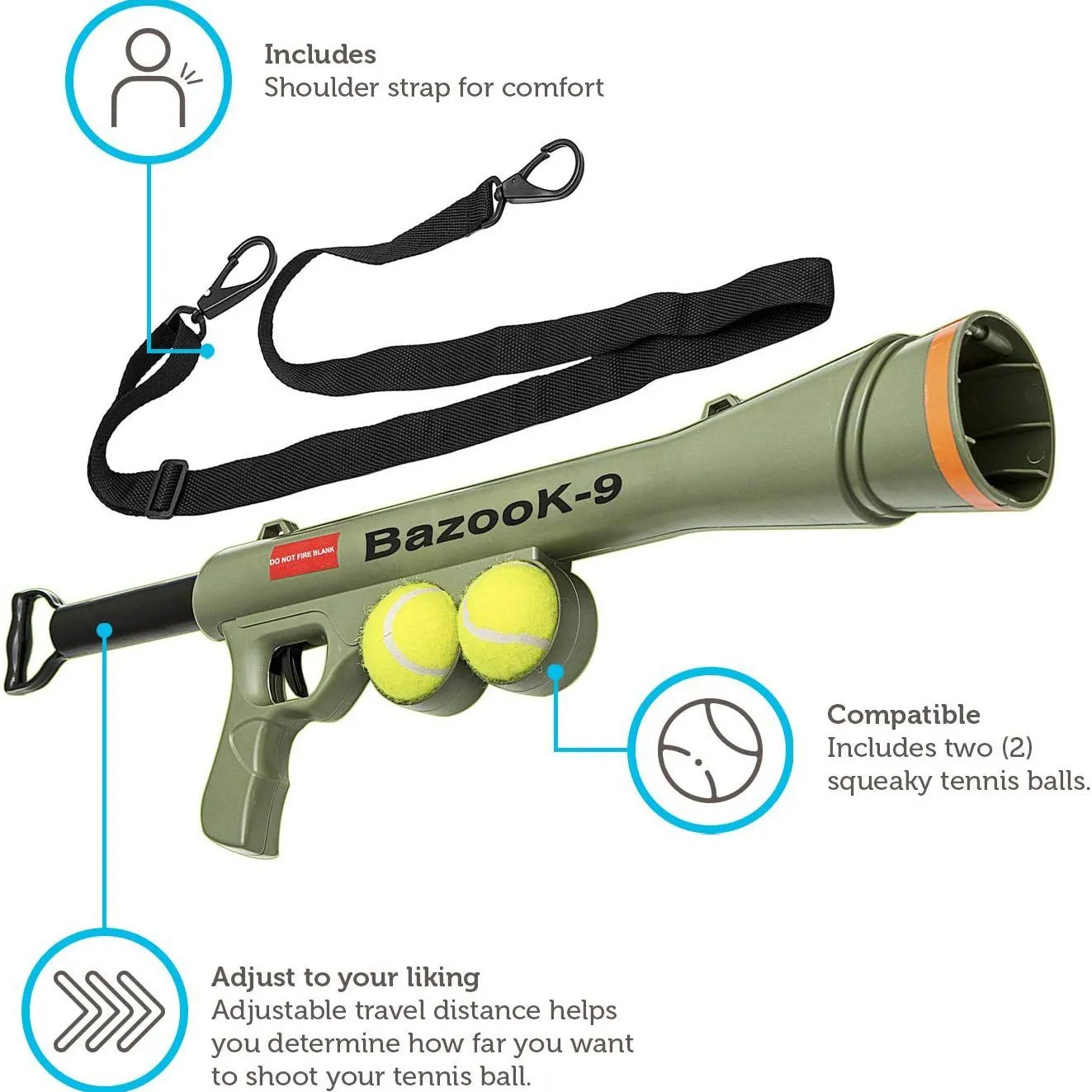 Paws & Pals Bazook - 9 Tennis Ball Launcher Gun with 2 Squeaky Balls