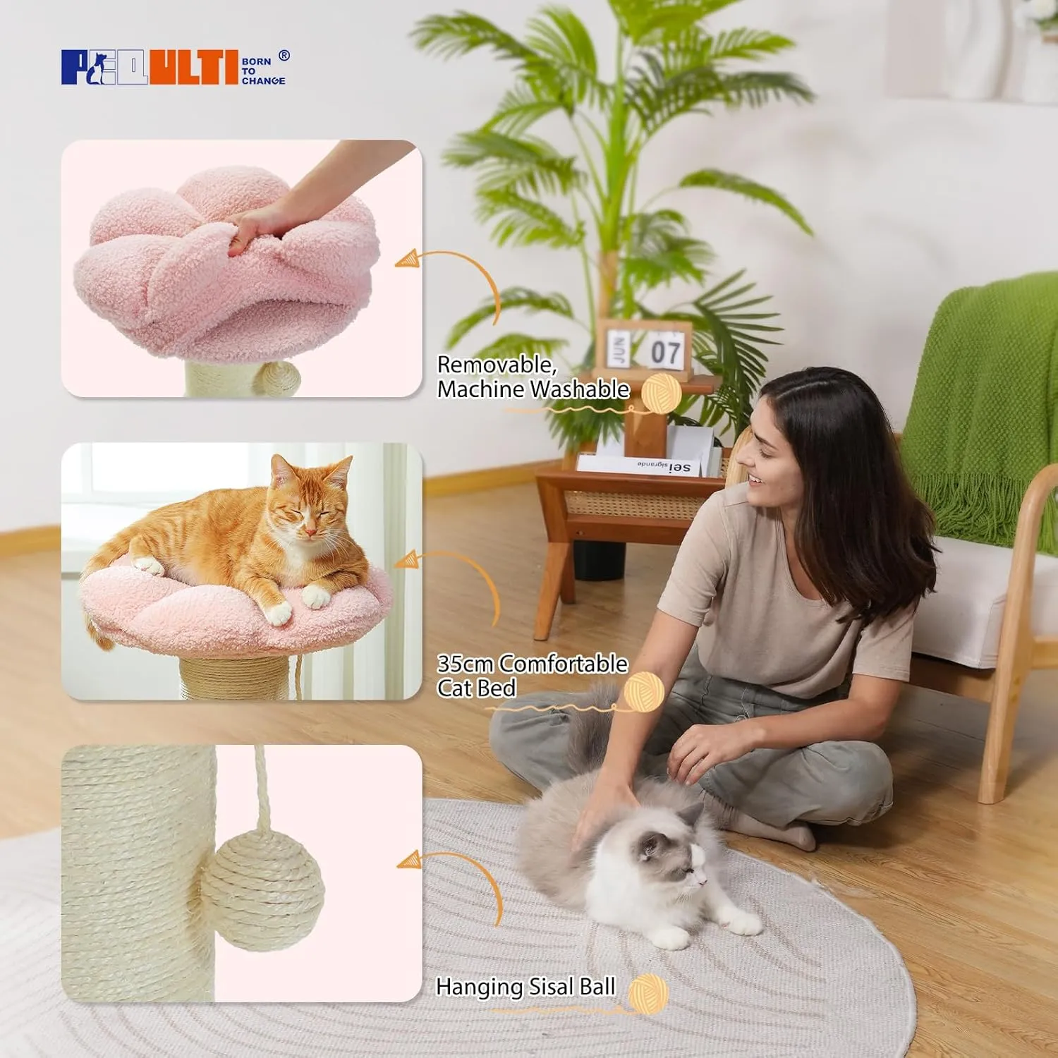 PEQULTI Flower Cat Scratching Post, Small Cat Tree, Scratcher for Indoor Cats with Super Thick Scratching Post [Dia=5.5''], Removable Flower Bed, Cat Scratch Post with Spring Ball, Pink