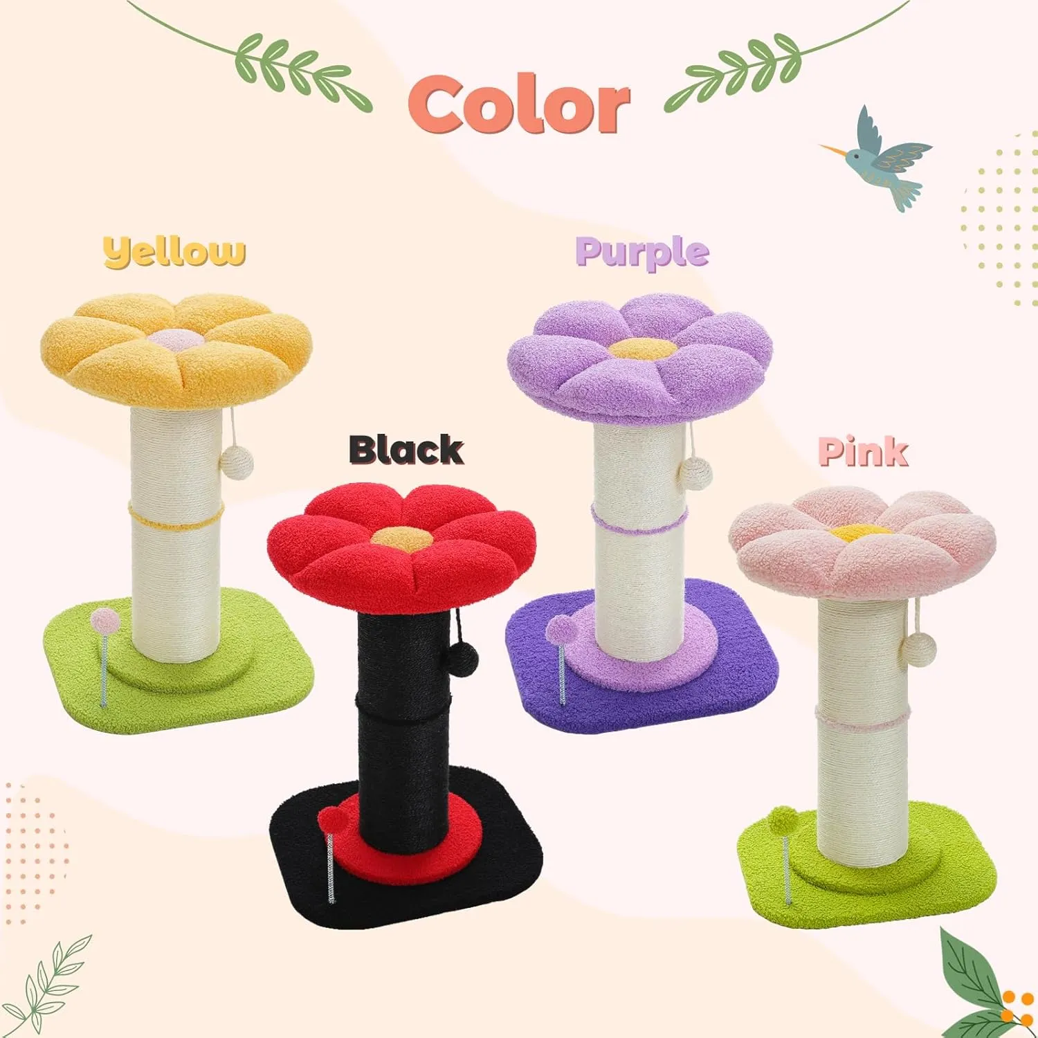 PEQULTI Flower Cat Scratching Post, Small Cat Tree, Scratcher for Indoor Cats with Super Thick Scratching Post [Dia=5.5''], Removable Flower Bed, Cat Scratch Post with Spring Ball, Pink