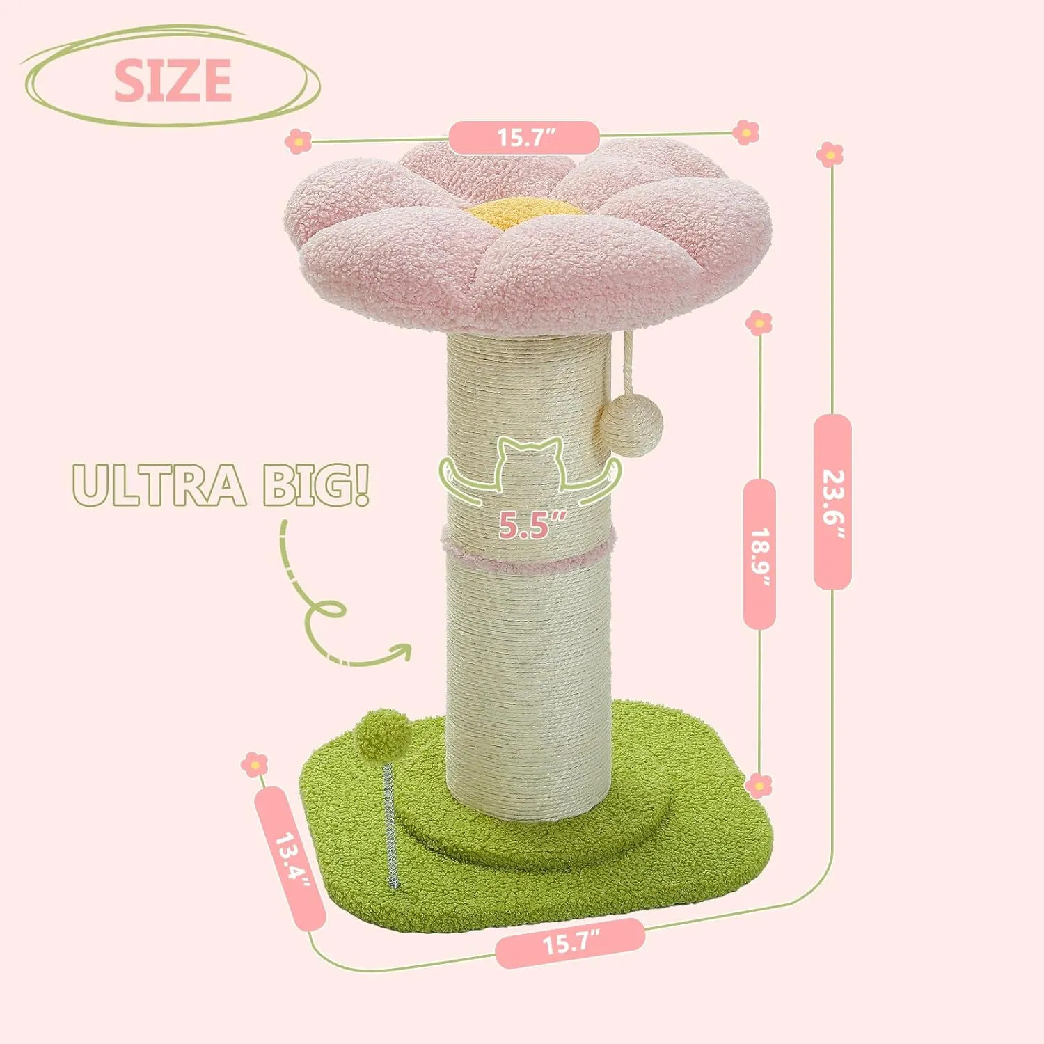 PEQULTI Flower Cat Scratching Post, Small Cat Tree, Scratcher for Indoor Cats with Super Thick Scratching Post [Dia=5.5''], Removable Flower Bed, Cat Scratch Post with Spring Ball, Pink