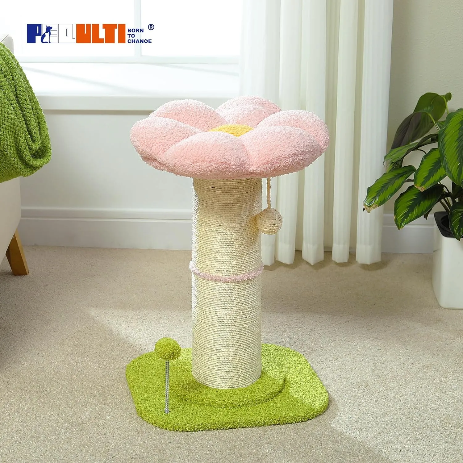 PEQULTI Flower Cat Scratching Post, Small Cat Tree, Scratcher for Indoor Cats with Super Thick Scratching Post [Dia=5.5''], Removable Flower Bed, Cat Scratch Post with Spring Ball, Pink