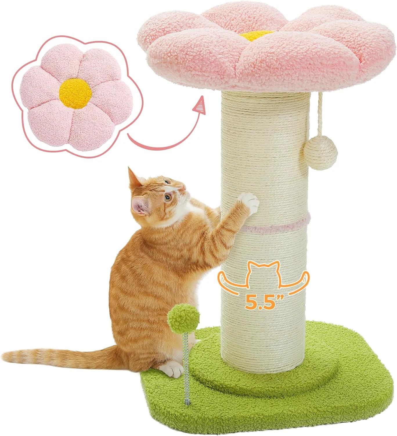 PEQULTI Flower Cat Scratching Post, Small Cat Tree, Scratcher for Indoor Cats with Super Thick Scratching Post [Dia=5.5''], Removable Flower Bed, Cat Scratch Post with Spring Ball, Pink