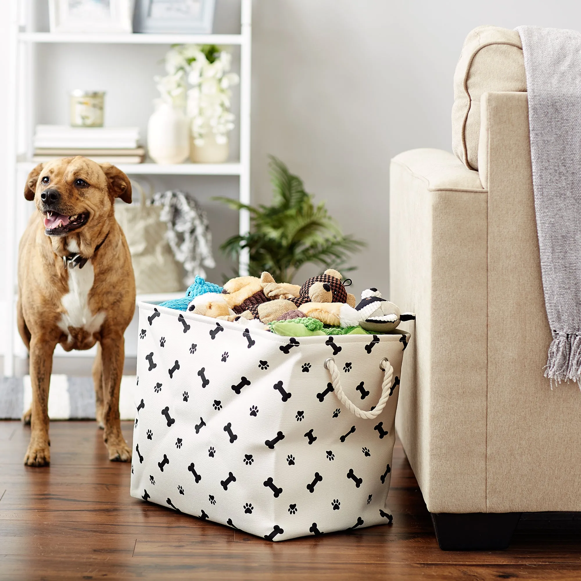 Polyester Pet Bin Paw/Bone Black Rectangle Large 17.5X12X15