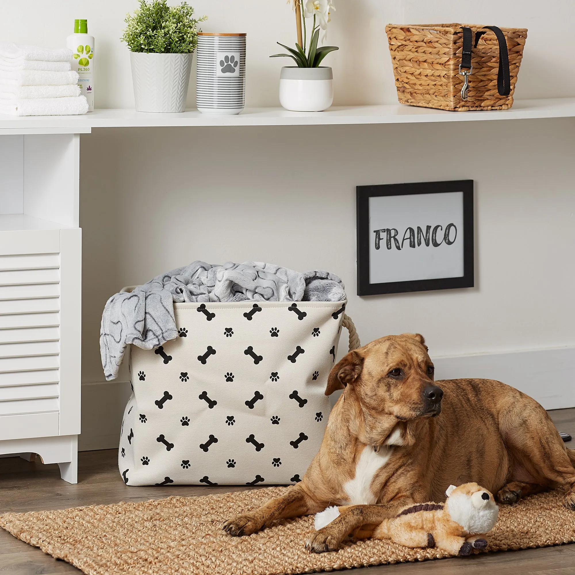 Polyester Pet Bin Paw/Bone Black Rectangle Large 17.5X12X15