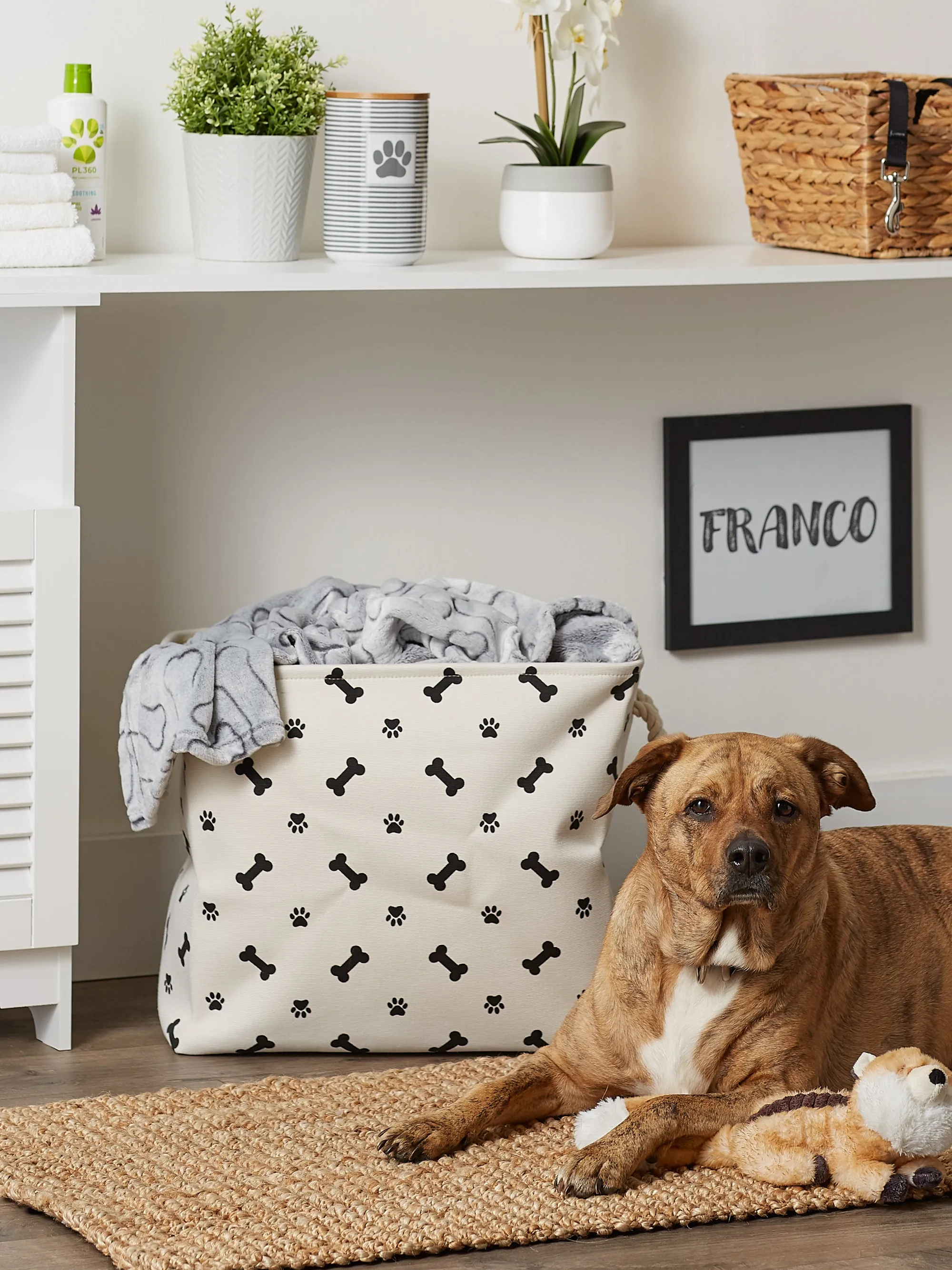 Polyester Pet Bin Paw/Bone Black Rectangle Large 17.5X12X15