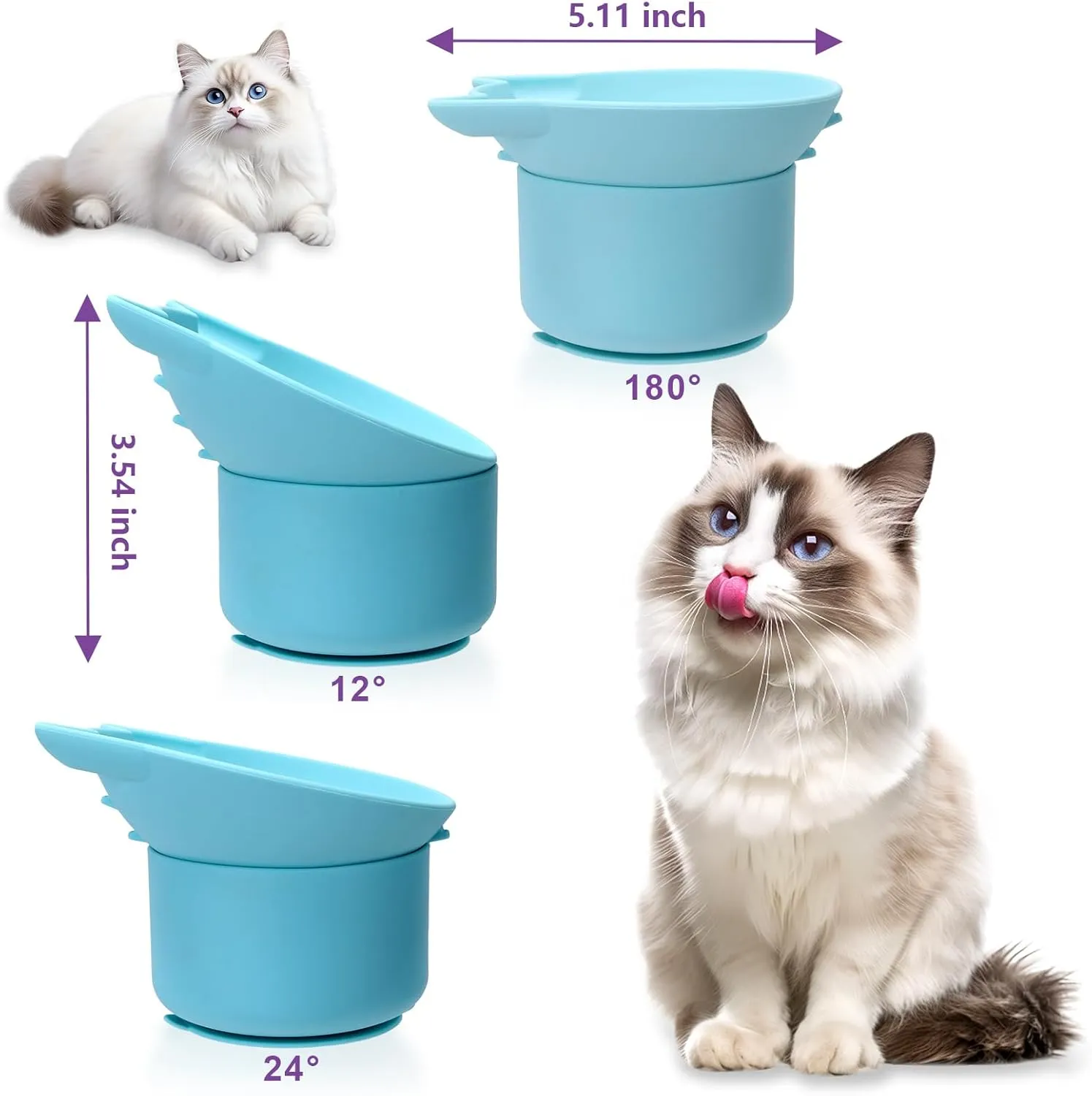 Silicone Cat Slow Feeder, Elevated Slow Feeder Bowl Tilt Design, Suitable for Dry and Wet Food, Adjustable Angle, Cat Food Puzzle with Suction Cup(Blue)