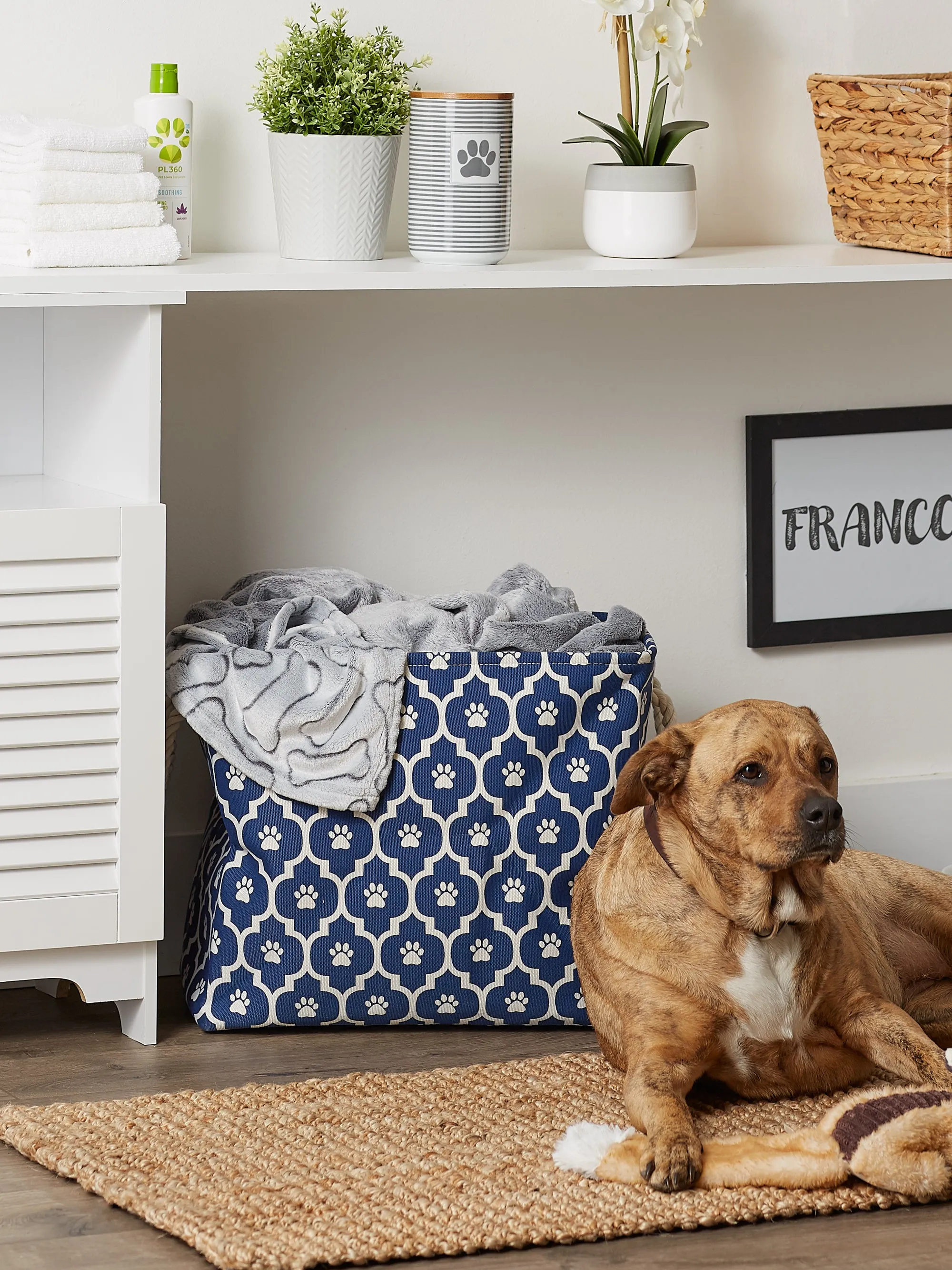 Storage Bin, Lattice Paw Print, Nautical Blue, Large  - 17.5x12x15"