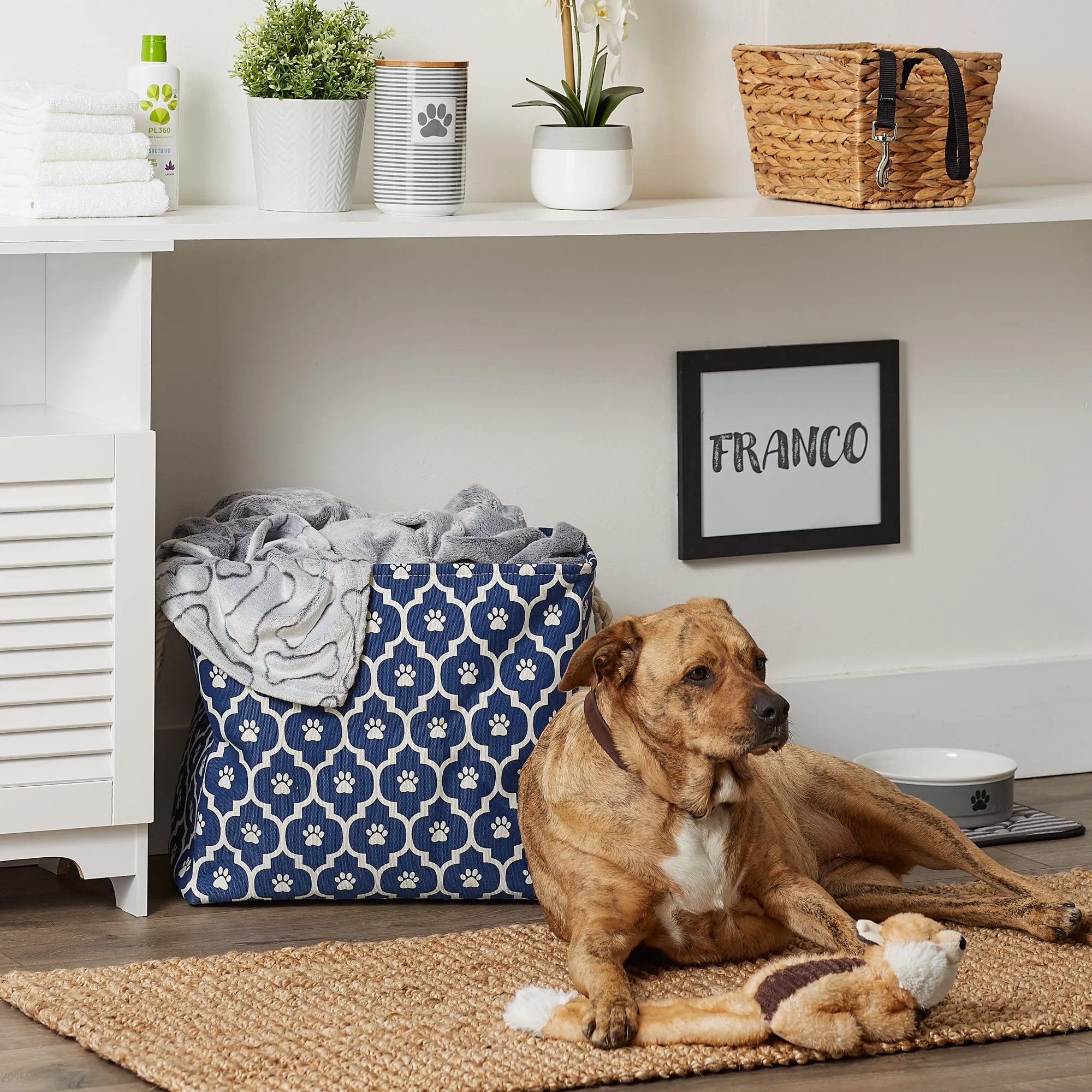Storage Bin, Lattice Paw Print, Nautical Blue, Large  - 17.5x12x15"