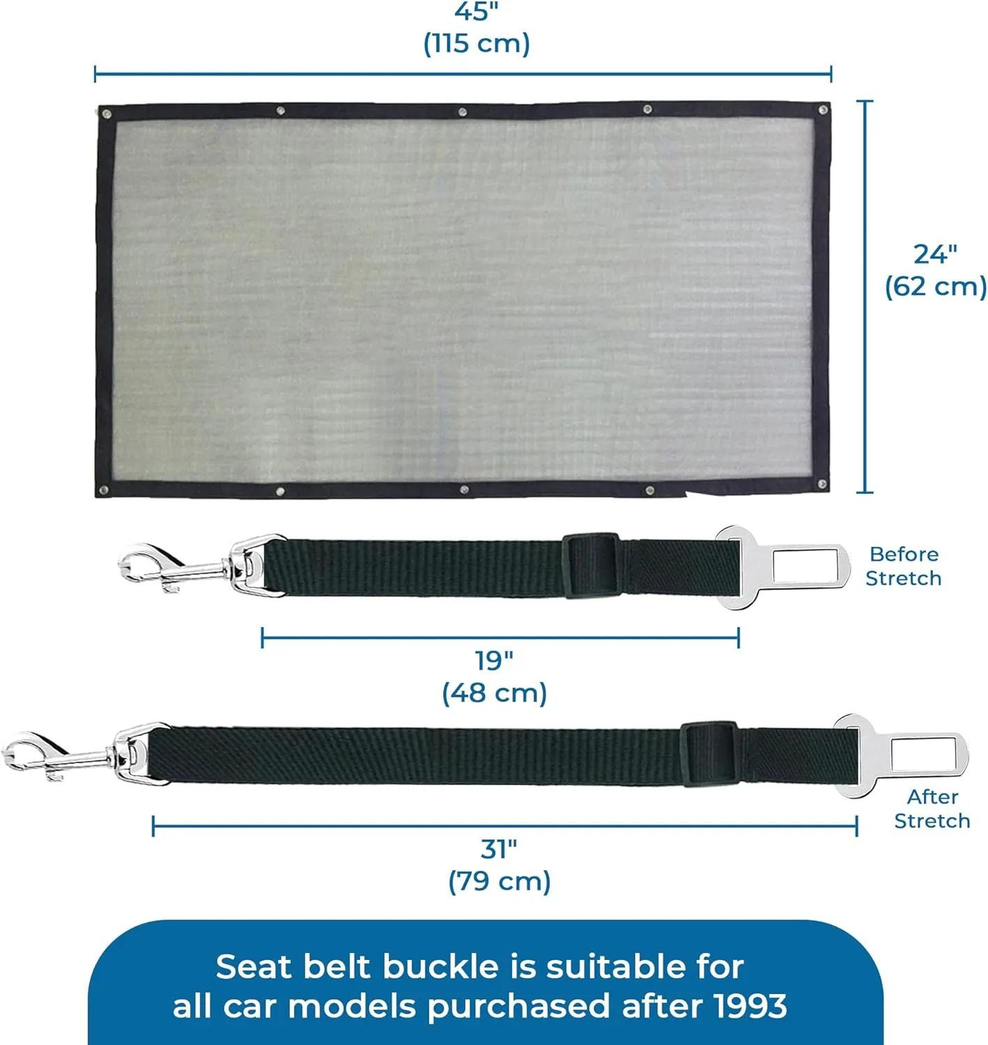 SunGrow Dog Seat Belts with Barrier, 2 Adjustable 28" Nylon Belts, 24" x 45" Micro Mesh Net Divider for Cars, SUVs, and Trucks, 4 Hooks and Luggage Ropes for Assembly, Black, 1 Set per Pack
