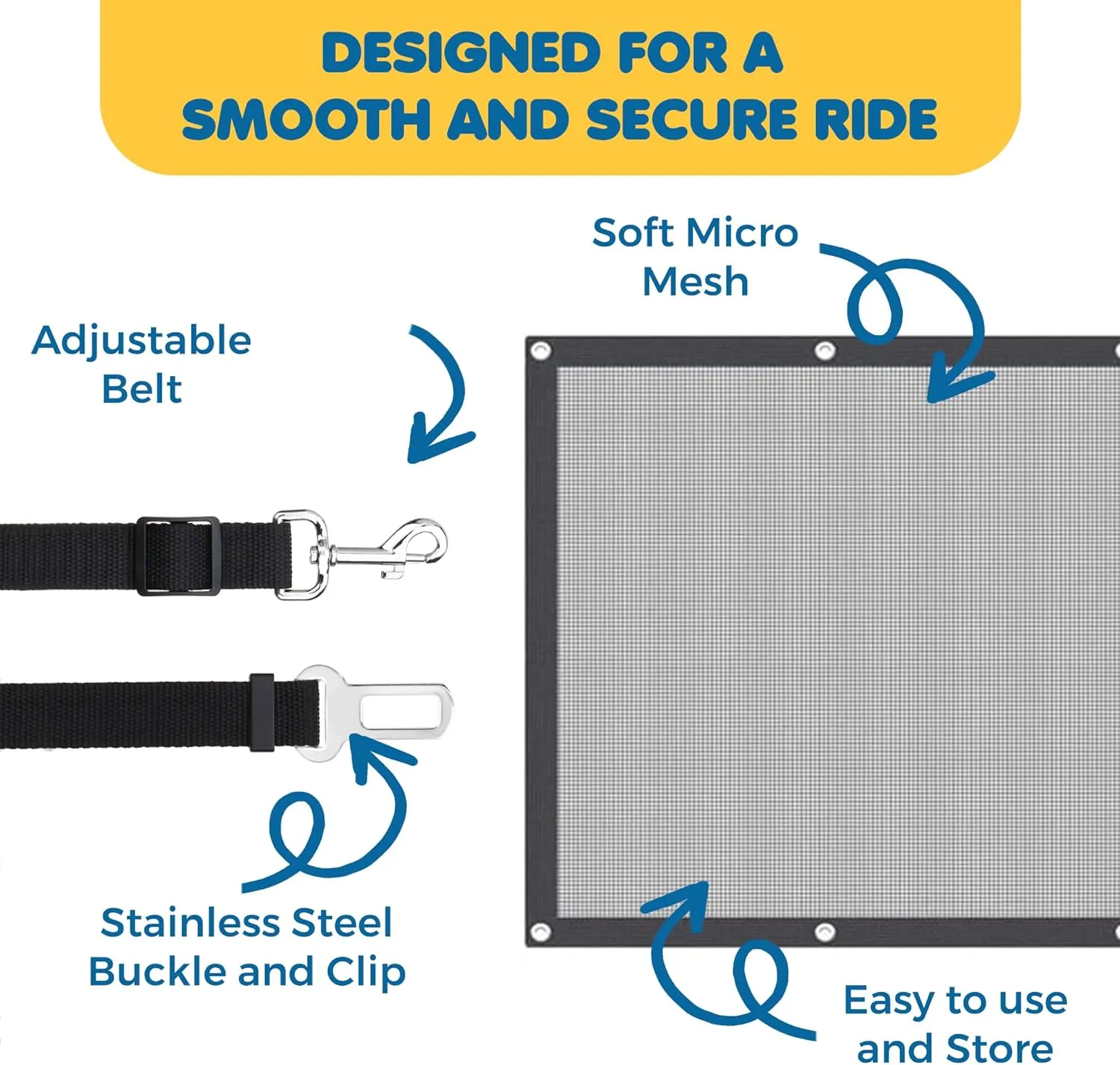 SunGrow Dog Seat Belts with Barrier, 2 Adjustable 28" Nylon Belts, 24" x 45" Micro Mesh Net Divider for Cars, SUVs, and Trucks, 4 Hooks and Luggage Ropes for Assembly, Black, 1 Set per Pack