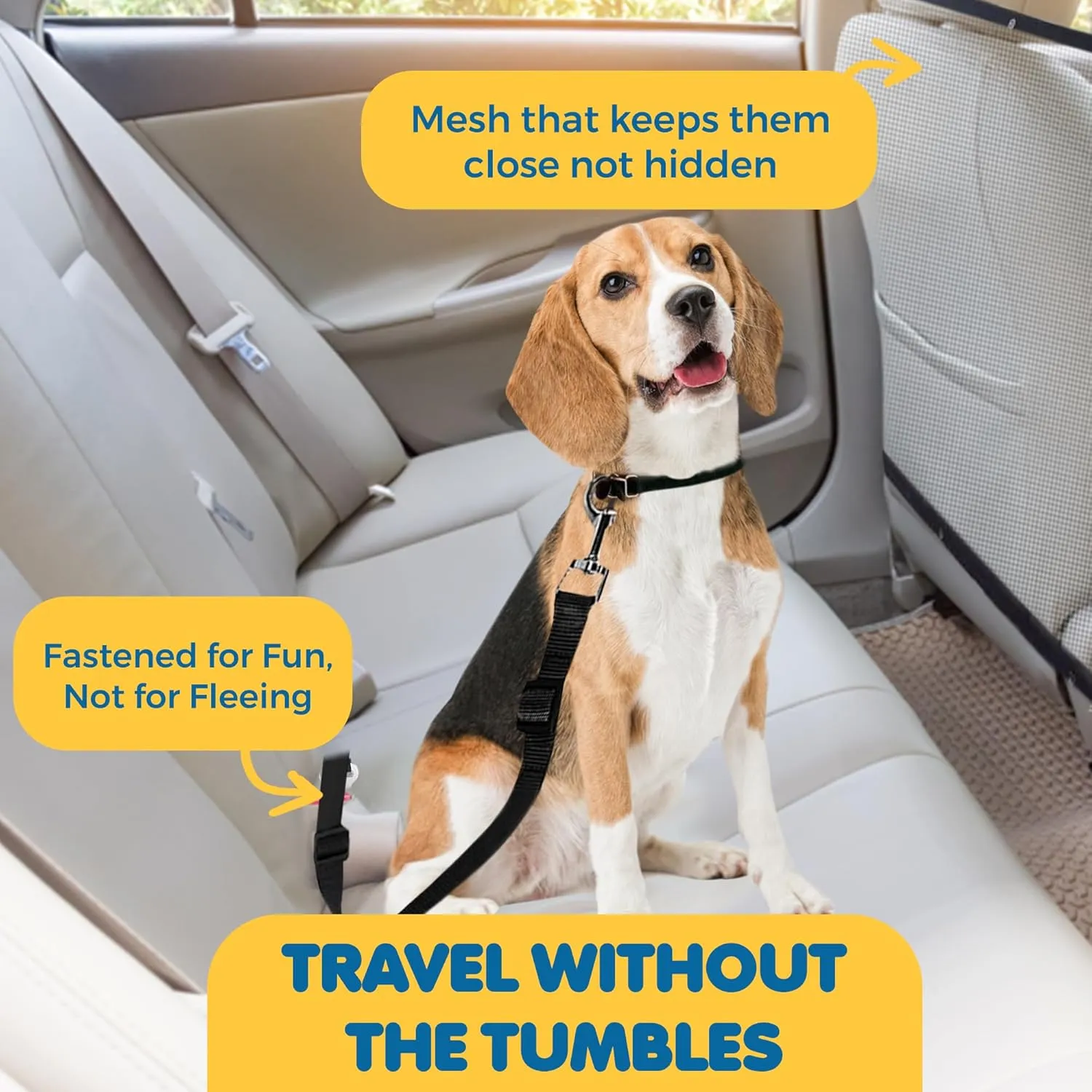 SunGrow Dog Seat Belts with Barrier, 2 Adjustable 28" Nylon Belts, 24" x 45" Micro Mesh Net Divider for Cars, SUVs, and Trucks, 4 Hooks and Luggage Ropes for Assembly, Black, 1 Set per Pack