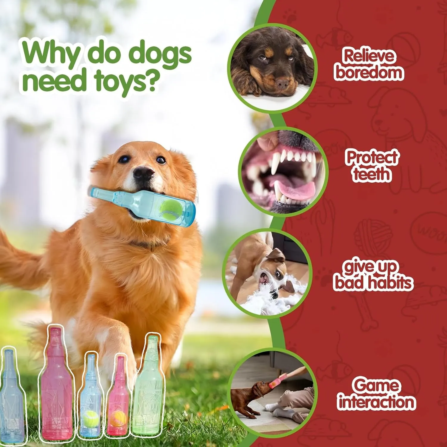Tennis Ball in Bottle Dog Toy [2025 New Upgrade] Reinforced and Thickened Rubber Bottle Dog Chew Toy with Ball Squeaky Fetch Toy Tough (Red, Medium)