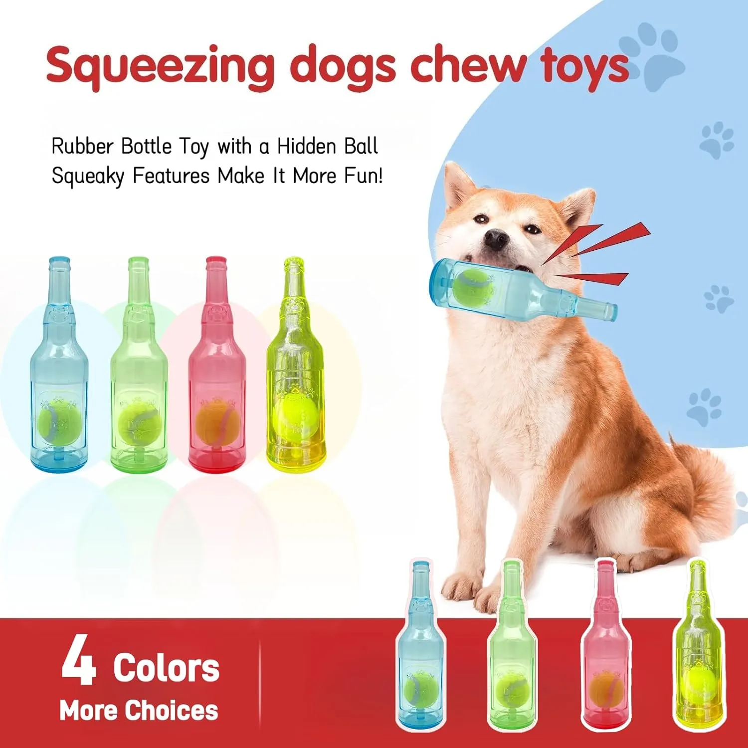 Tennis Ball in Bottle Dog Toy [2025 New Upgrade] Reinforced and Thickened Rubber Bottle Dog Chew Toy with Ball Squeaky Fetch Toy Tough (Red, Medium)