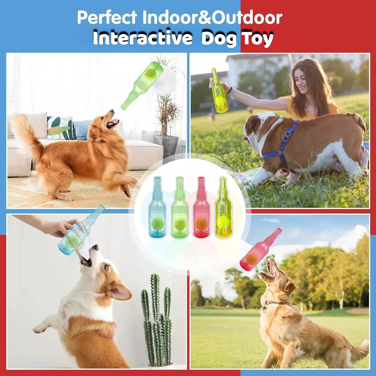 Tennis Ball in Bottle Dog Toy [2025 New Upgrade] Reinforced and Thickened Rubber Bottle Dog Chew Toy with Ball Squeaky Fetch Toy Tough (Red, Medium)