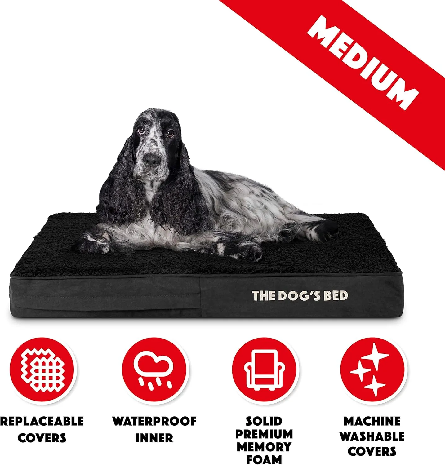 The Dogs Bed Orthopedic Memory Foam Dog Bed, Medium Black Plush 34x22, Pain Relief for Arthritis, Hip & Elbow Dysplasia, Post Surgery, Lameness, Supportive, Calming, Waterproof Washable Cover