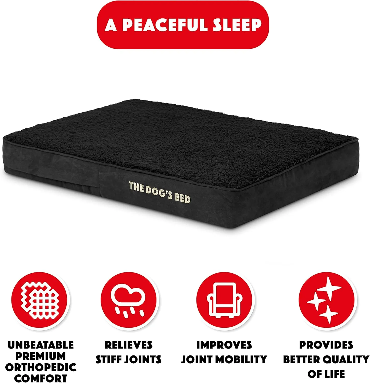 The Dogs Bed Orthopedic Memory Foam Dog Bed, Medium Black Plush 34x22, Pain Relief for Arthritis, Hip & Elbow Dysplasia, Post Surgery, Lameness, Supportive, Calming, Waterproof Washable Cover