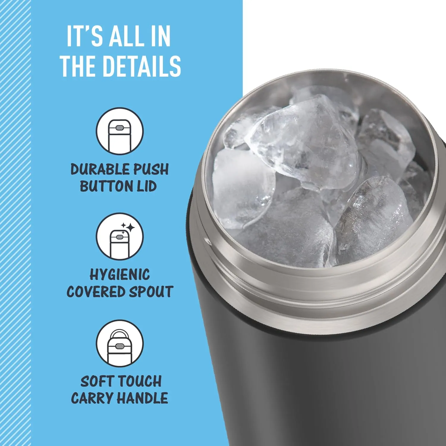 THERMOS FUNTAINER 16 Ounce Stainless Steel Vacuum Insulated Bottle with Wide Spout Lid, Black Matte