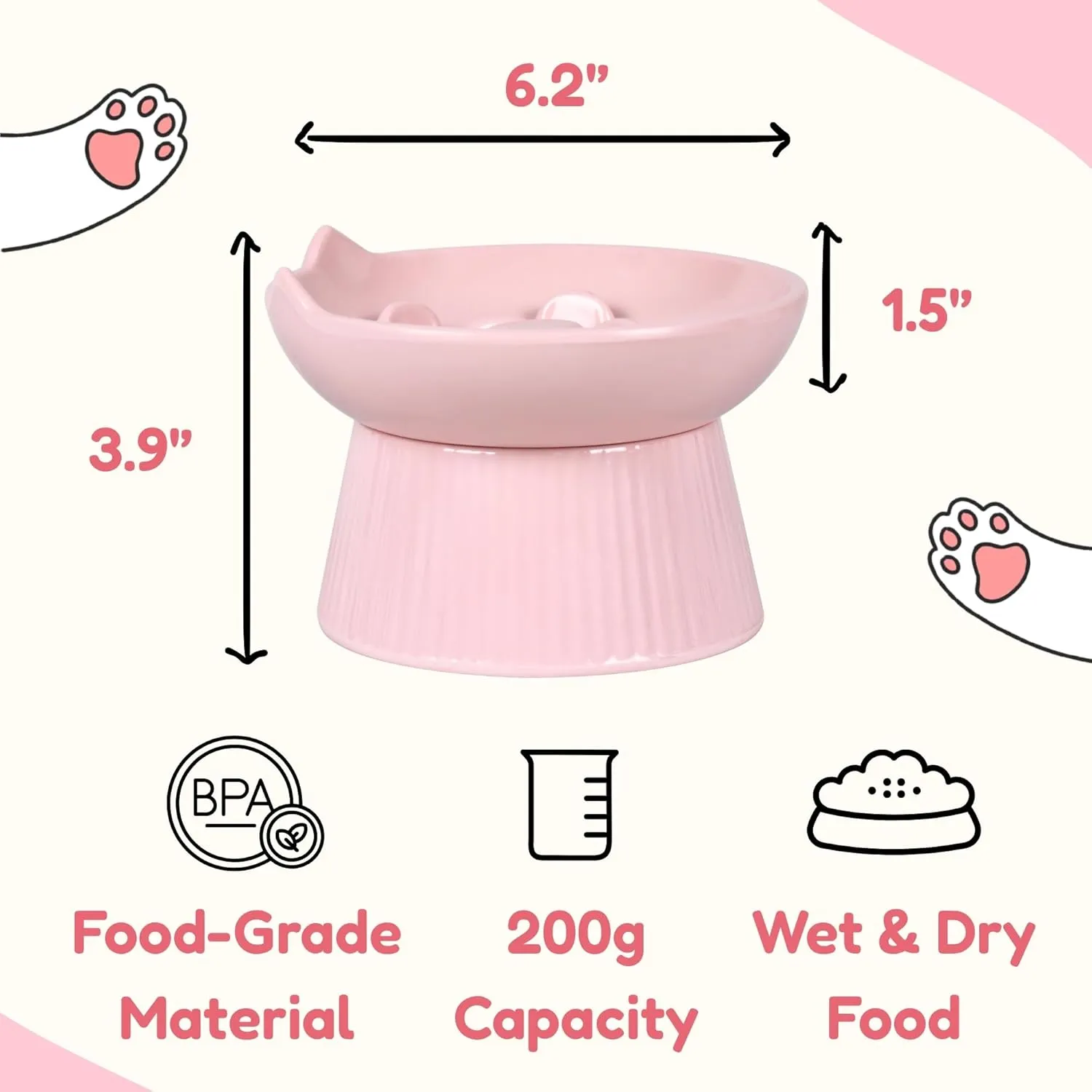 Unbreakable Raised Cat Bowls, Detachable Slow Feeder Pet Bowl, Heavy Weighted, Non-Slip Feeder, Elevated Small Dogs Slow Feeders, Dry & Wet Food, Whisker Friendly Pet Dish (Pink; 6.2'')