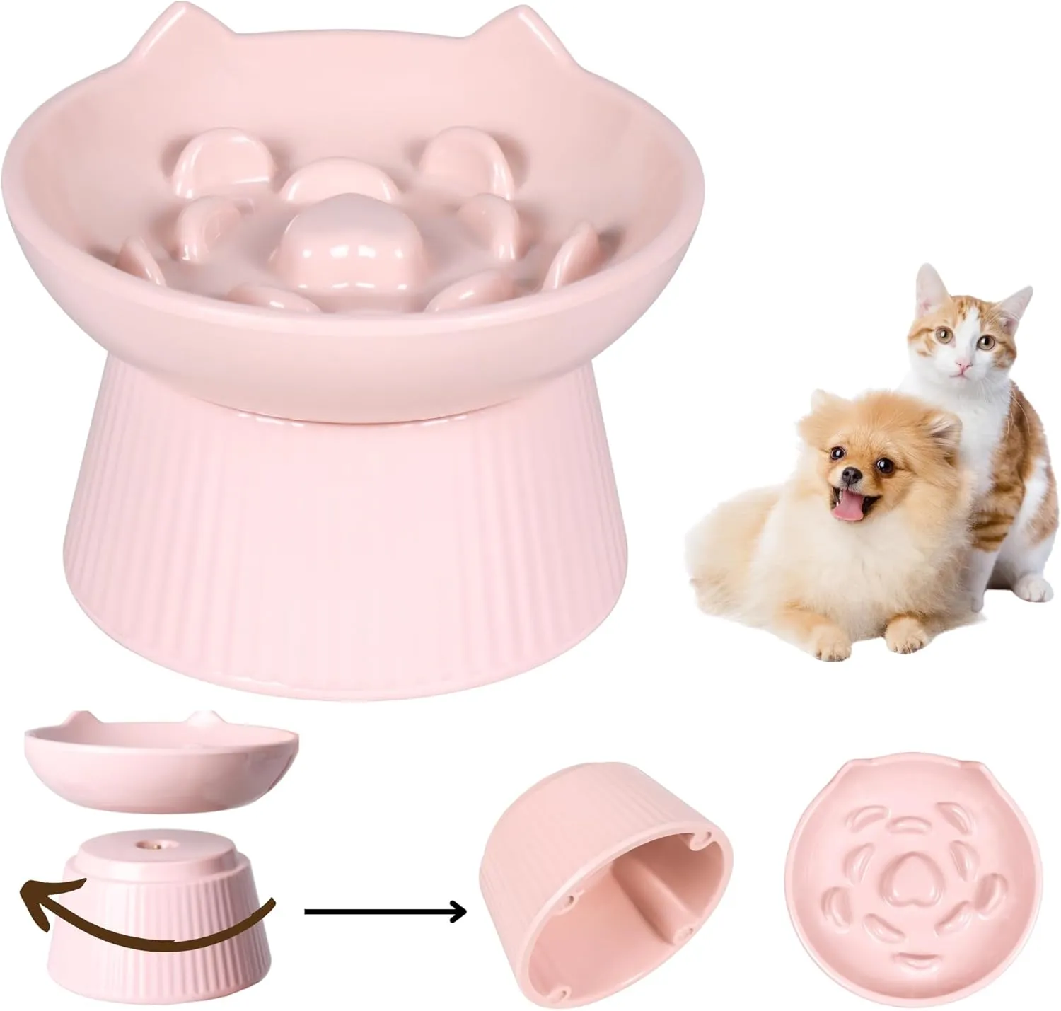 Unbreakable Raised Cat Bowls, Detachable Slow Feeder Pet Bowl, Heavy Weighted, Non-Slip Feeder, Elevated Small Dogs Slow Feeders, Dry & Wet Food, Whisker Friendly Pet Dish (Pink; 6.2'')