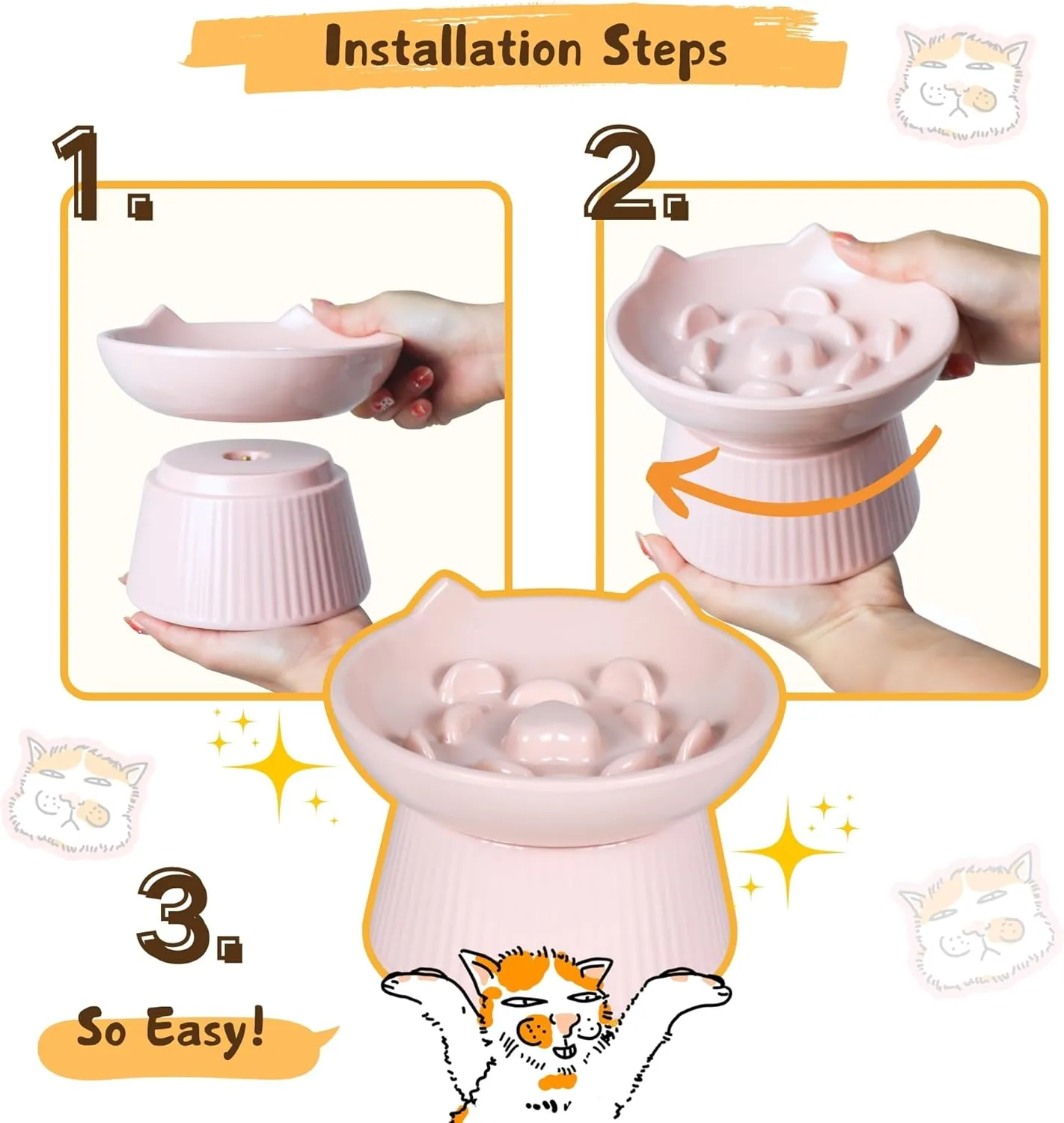 Unbreakable Raised Cat Bowls, Detachable Slow Feeder Pet Bowl, Heavy Weighted, Non-Slip Feeder, Elevated Small Dogs Slow Feeders, Dry & Wet Food, Whisker Friendly Pet Dish (Pink; 6.2'')