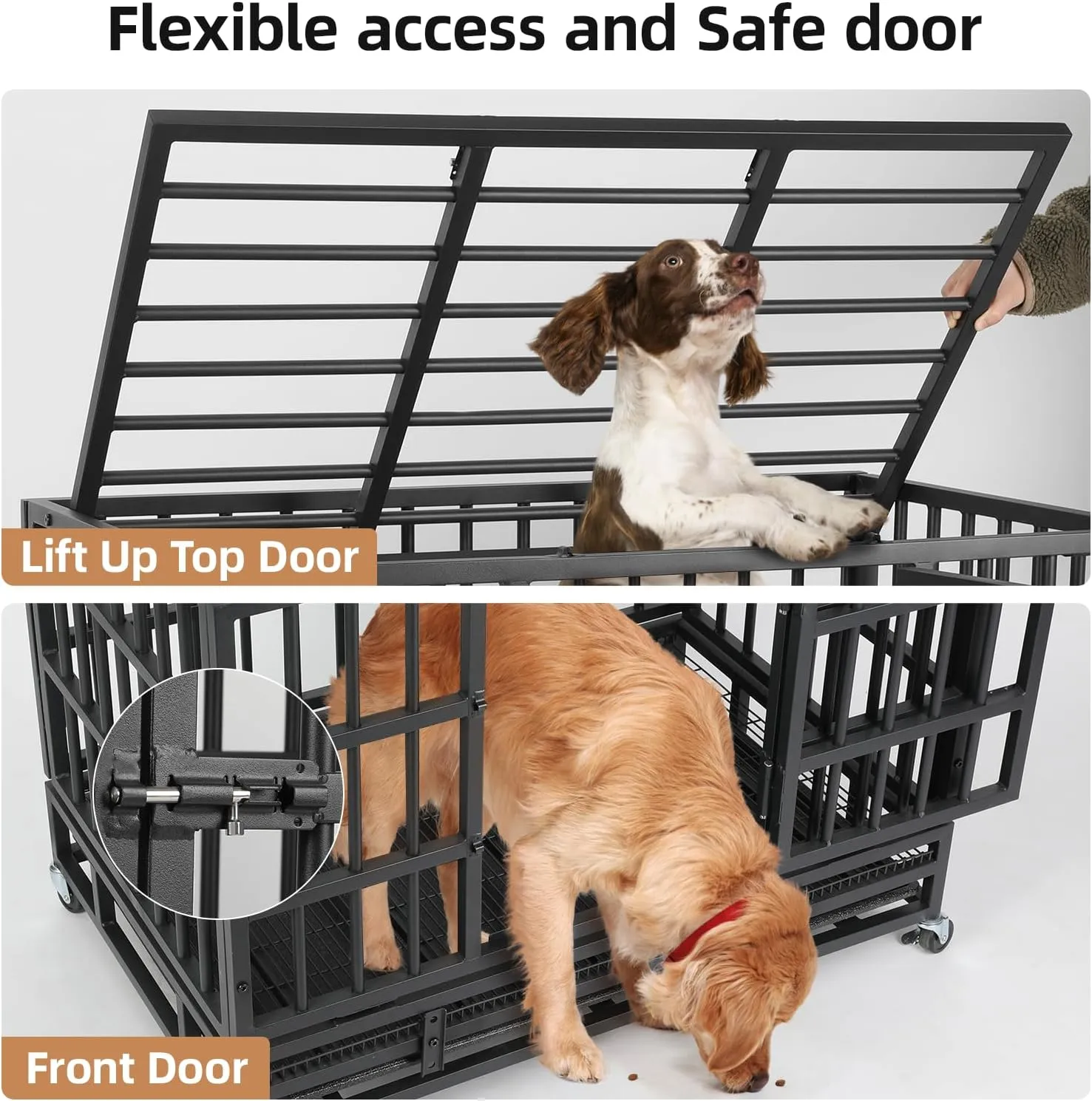 VOWNER 38 Heavy Duty Indestructible Dog Crate, High Anxiety Dog Crate, Escape Proof Dog Cage Kennel with 4 Lockable Wheels, Double Sturdy Locks, Double Door and Removable Tray Design, for Large Dogs