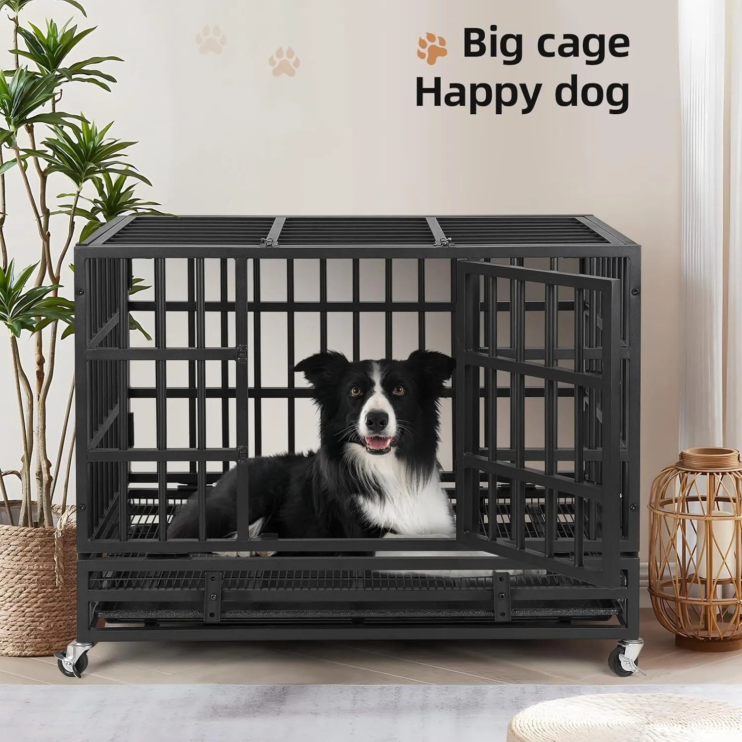 VOWNER 38 Heavy Duty Indestructible Dog Crate, High Anxiety Dog Crate, Escape Proof Dog Cage Kennel with 4 Lockable Wheels, Double Sturdy Locks, Double Door and Removable Tray Design, for Large Dogs