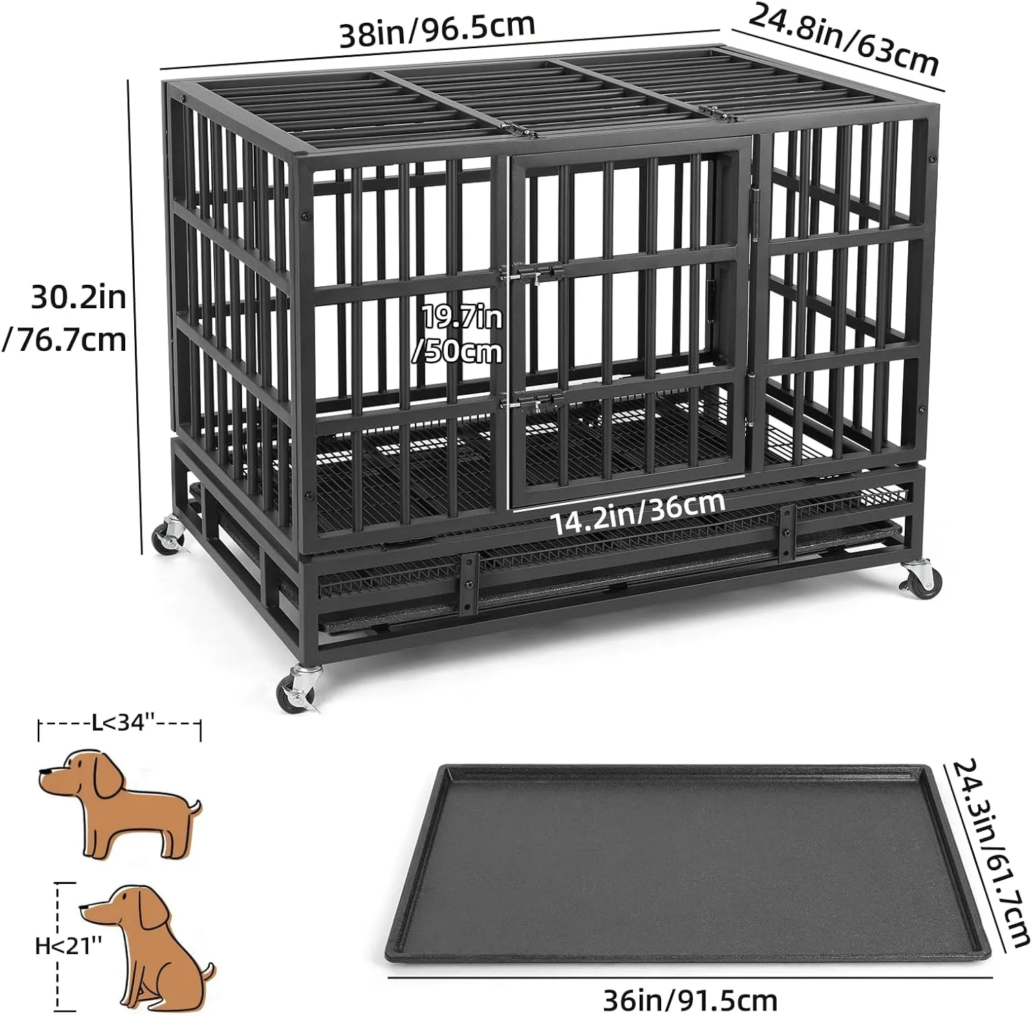 VOWNER 38 Heavy Duty Indestructible Dog Crate, High Anxiety Dog Crate, Escape Proof Dog Cage Kennel with 4 Lockable Wheels, Double Sturdy Locks, Double Door and Removable Tray Design, for Large Dogs