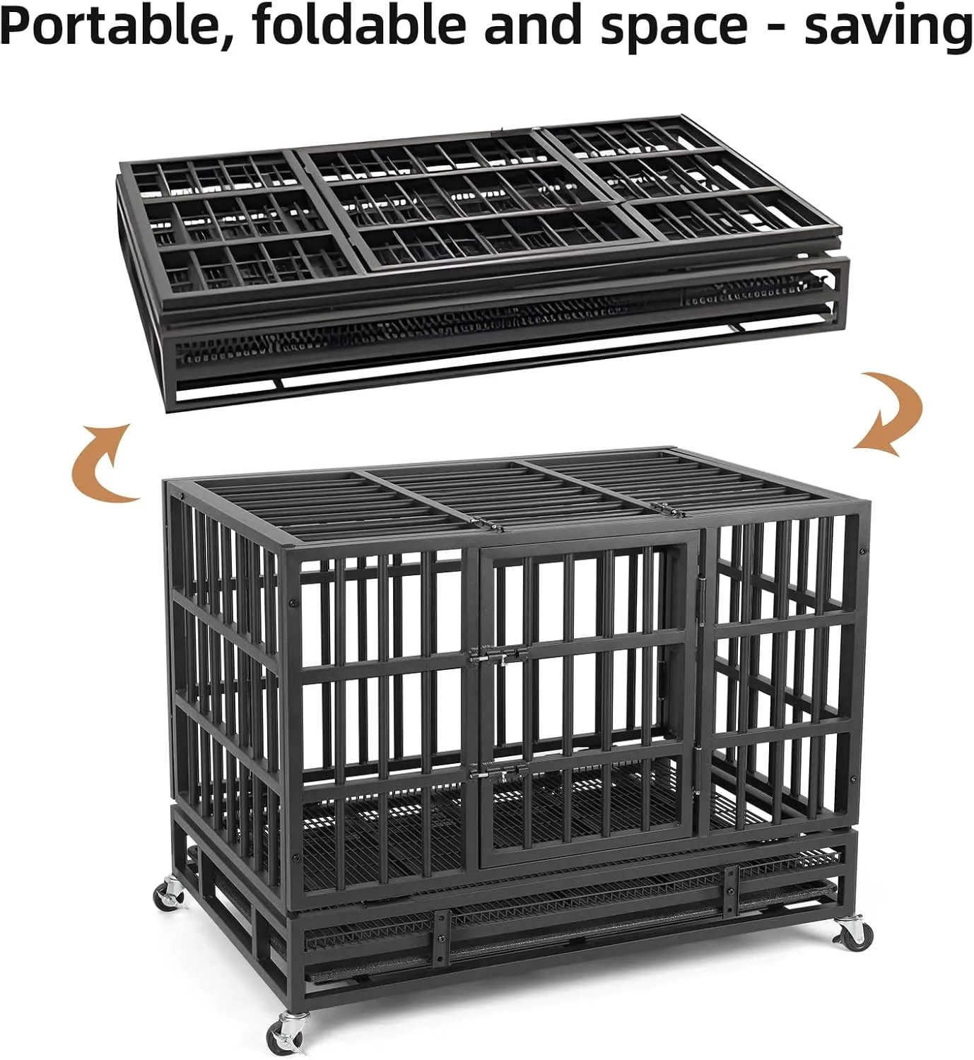 VOWNER 38 Heavy Duty Indestructible Dog Crate, High Anxiety Dog Crate, Escape Proof Dog Cage Kennel with 4 Lockable Wheels, Double Sturdy Locks, Double Door and Removable Tray Design, for Large Dogs